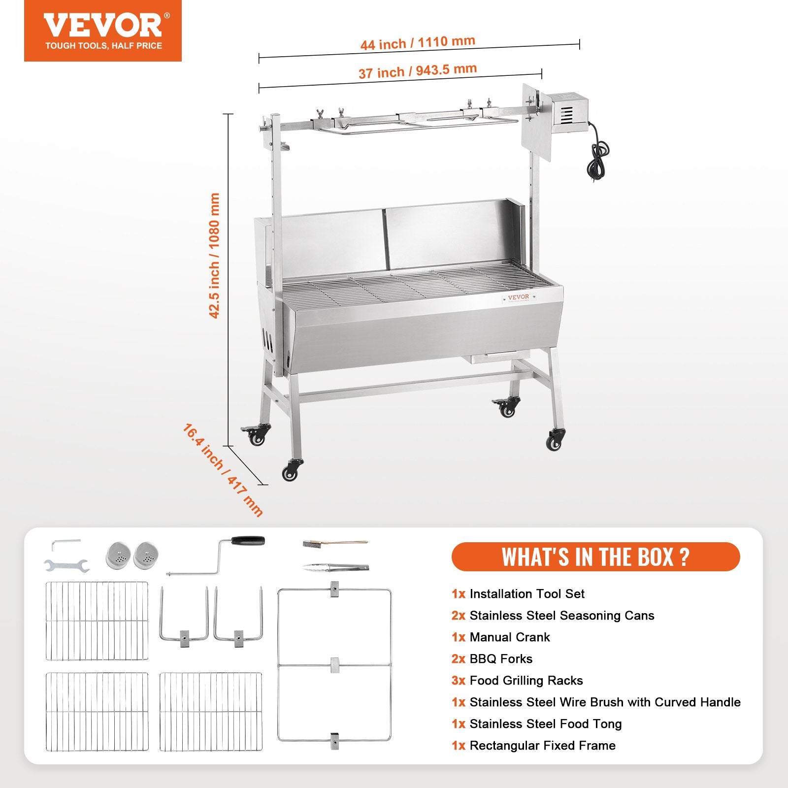 VEVOR Rotisserie Grill with Windscreen, BBQ Whole Pig Lamb Goat Charcoal Spit Grill, 35 Inch 90 Lbs Capacity, Electric 42W Motor Stainless Steel Roaster with Lockable Wheels, for Camping Outdoor