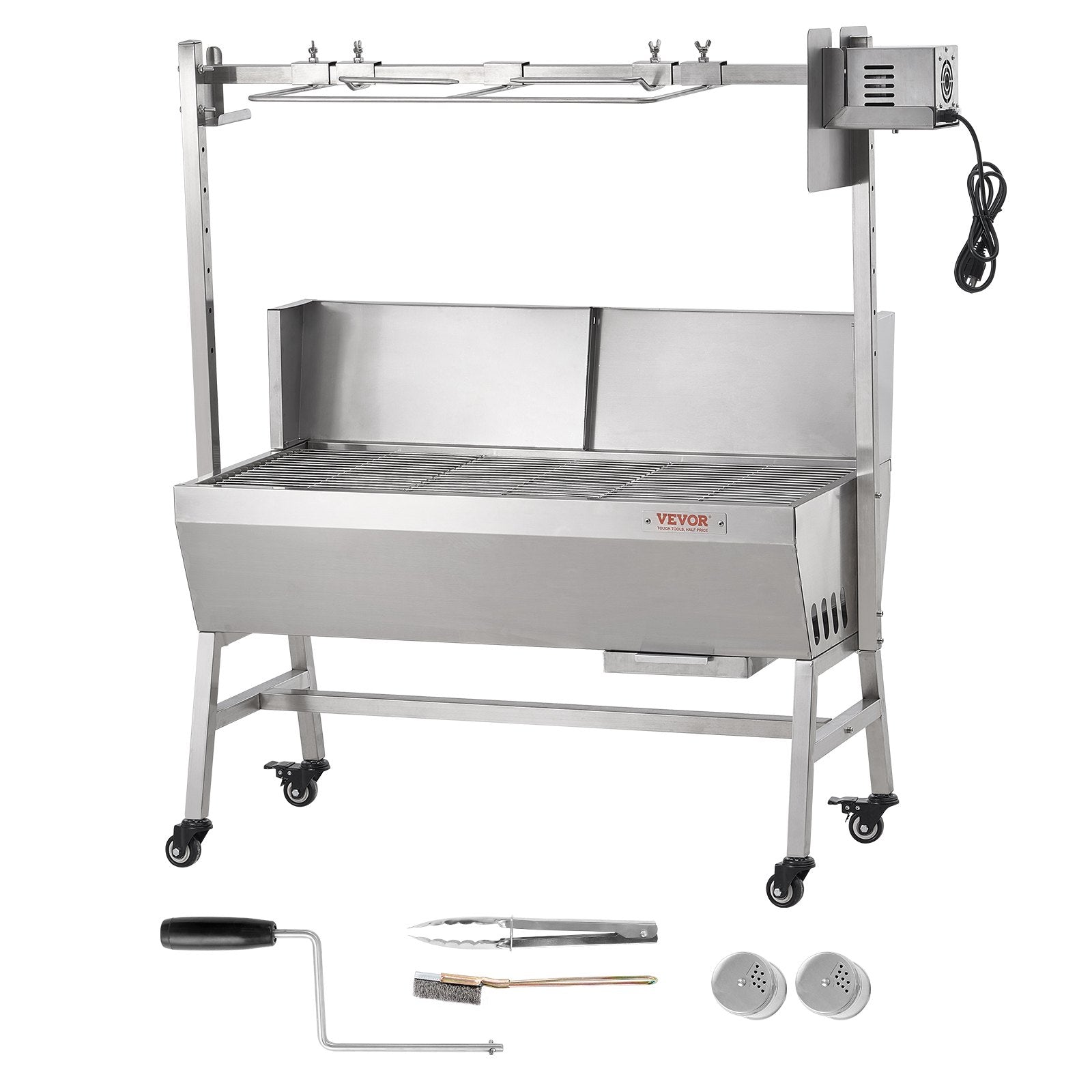 VEVOR Rotisserie Grill with Windscreen, BBQ Whole Pig Lamb Goat Charcoal Spit Grill, 35 Inch 90 Lbs Capacity, Electric 42W Motor Stainless Steel Roaster with Lockable Wheels, for Camping Outdoor