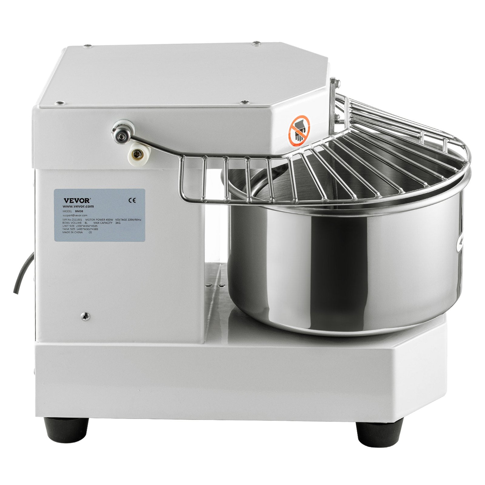 VEVOR Commercial Dough Food Mixer, 8L Large Capacity Stainless Steel Mixer with Bowel, Hook, Shield, Reset Button, 450W Tilt-Head Kitchen Dough Mixers for Cake, Cream, Egg Fluid, Fillings