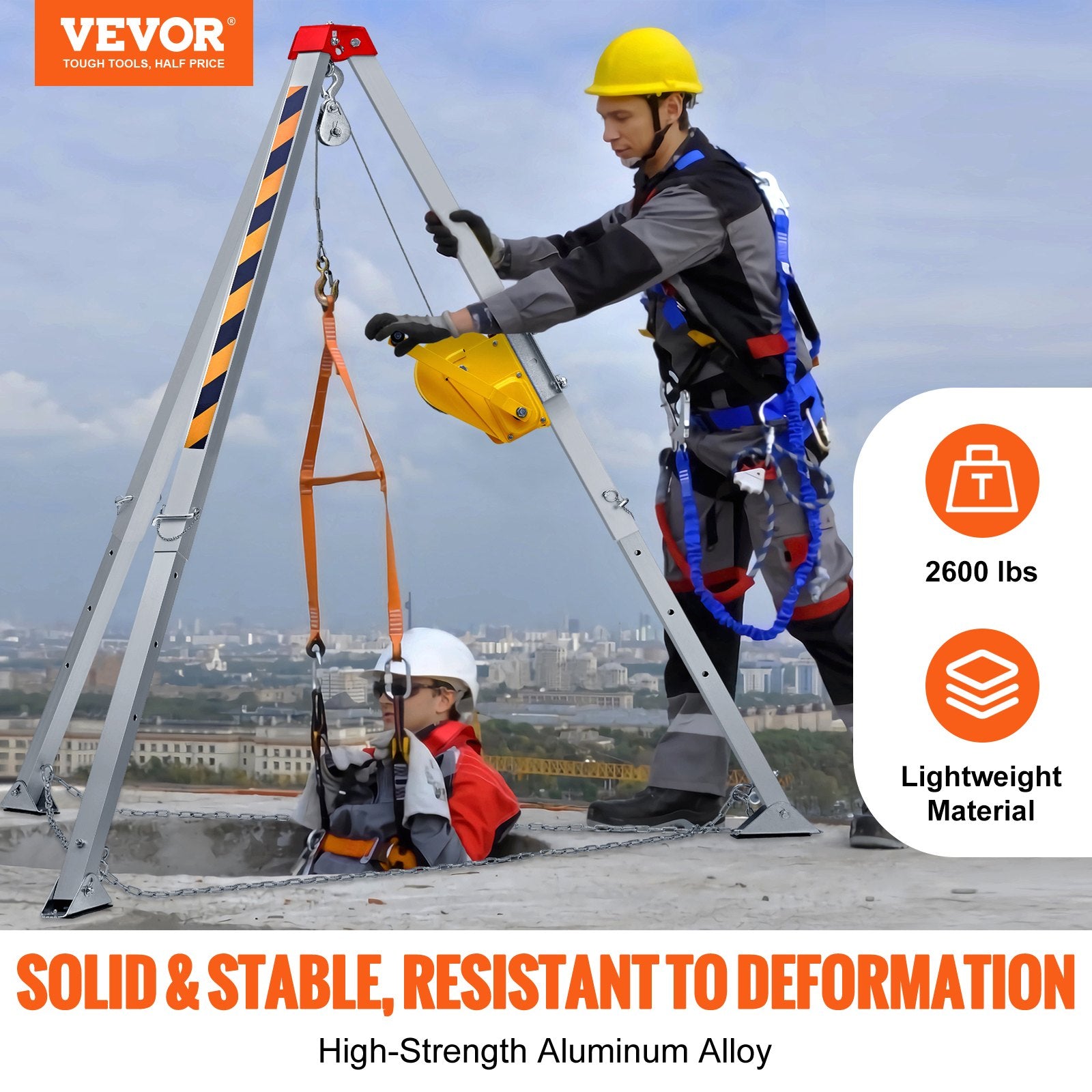 VEVOR Confined Space Tripod Kit, 2600 lbs Winch, Confined Space Tripod 8' Legs and 98' Cable, Confined Space Rescue Tripod 32.8' Fall Protection, Harness, Storage Bag for Traditional Confined Spaces