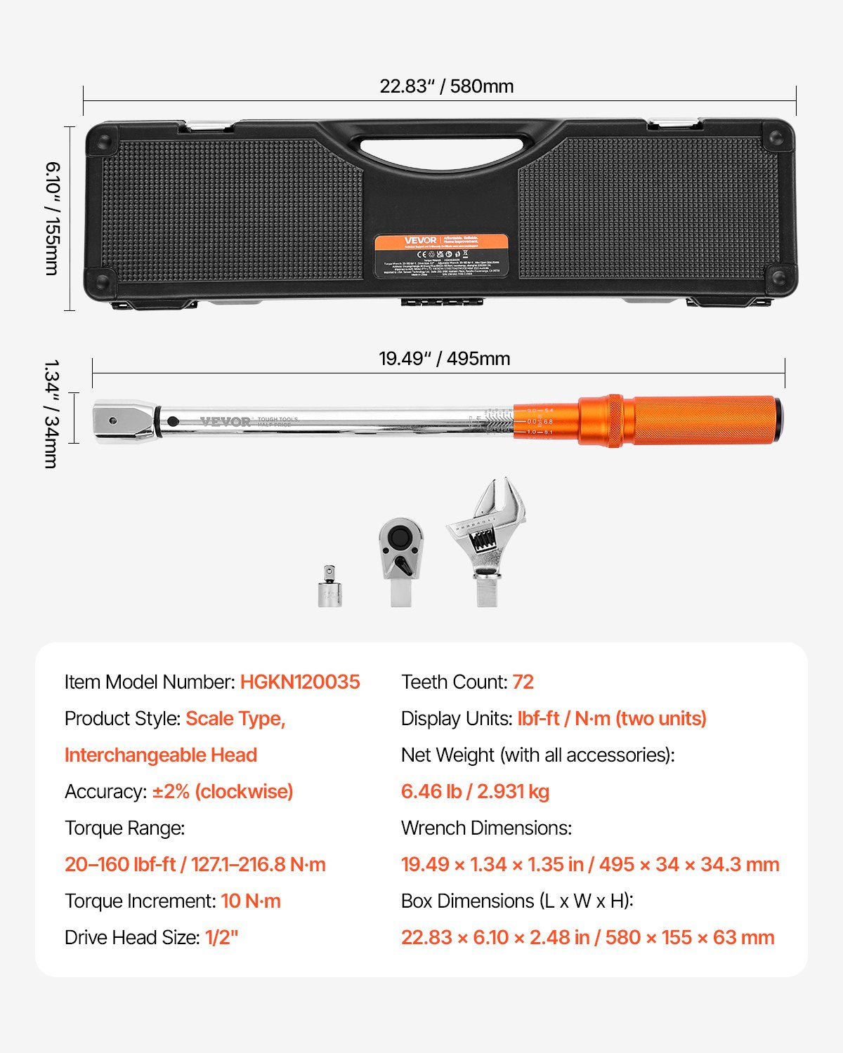 VEVOR Adjustable Click Torque Wrench, 1/2 Inch Drive, 20-160 lbf-ft/27.1-216.8 N.m, Dual-direction and Dual Range Scales, 72-Tooth, ±2% Precision, with Adapter Interchangeable Jaw and Ratchet Head