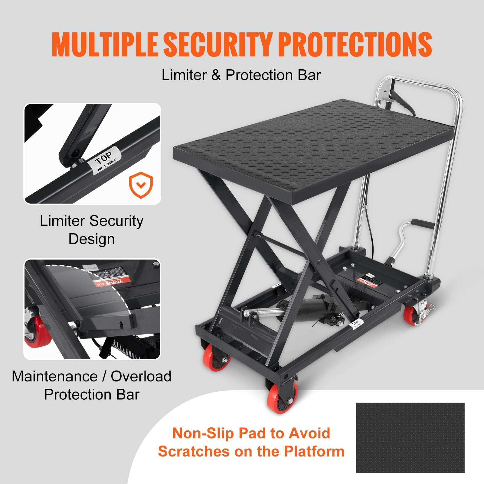 VEVOR Hydraulic Lift Table Cart, 330lbs Capacity 28.5" Lifting Height, Manual Single Scissor Lift Table with 4 Wheels and Non-slip Pad, Hydraulic Scissor Cart for Material Handling, Black