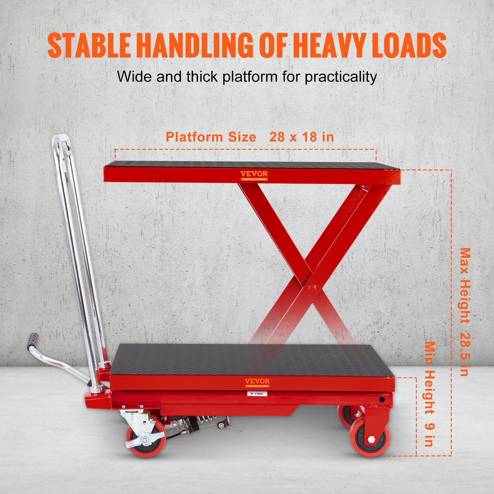 VEVOR Hydraulic Lift Table Cart, 330lbs Capacity 28.5" Lifting Height, Manual Single Scissor Lift Table with 4 Wheels and Non-slip Pad, Hydraulic Scissor Cart for Material Handling, Red