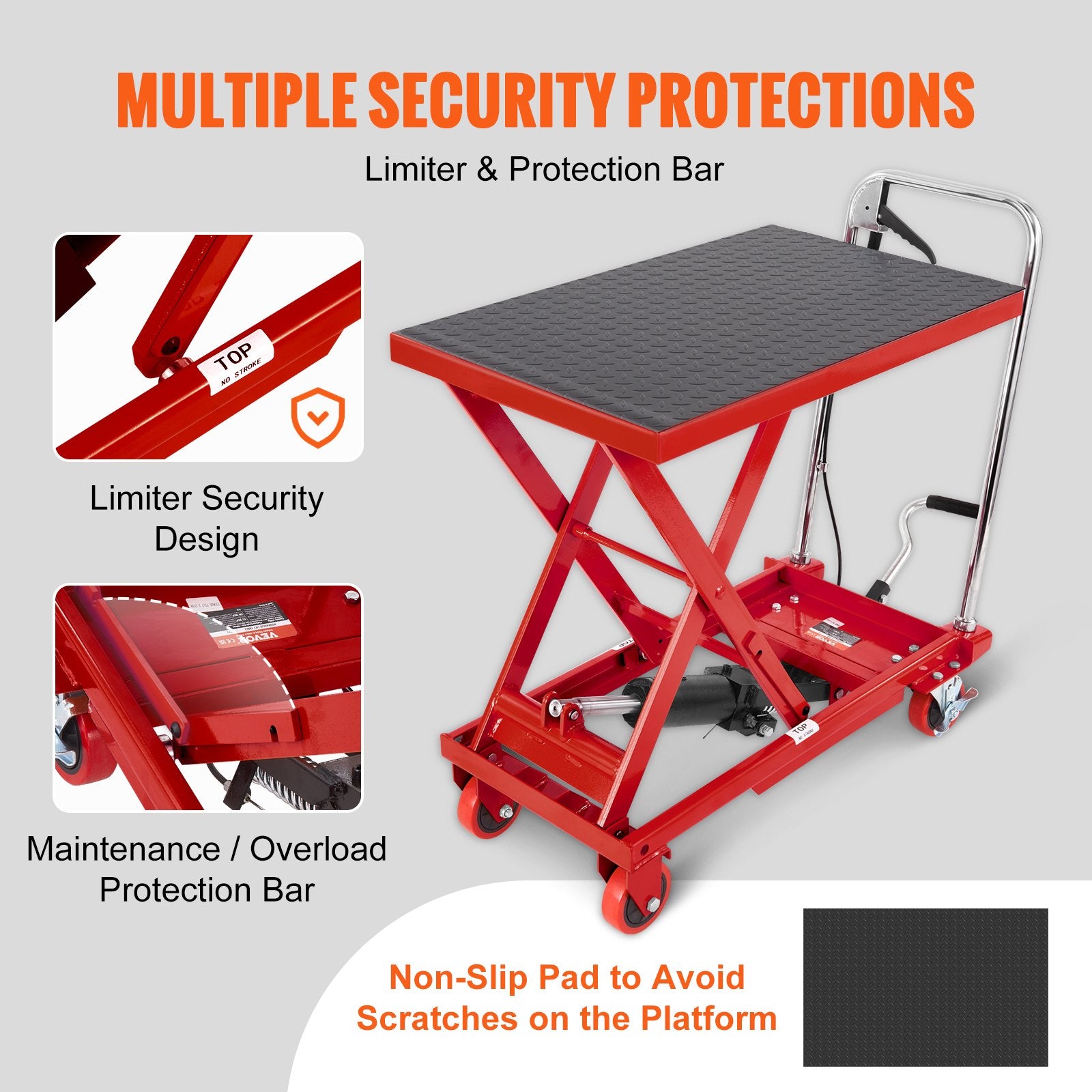 VEVOR Hydraulic Lift Table Cart, 330lbs Capacity 28.5" Lifting Height, Manual Single Scissor Lift Table with 4 Wheels and Non-slip Pad, Hydraulic Scissor Cart for Material Handling, Red