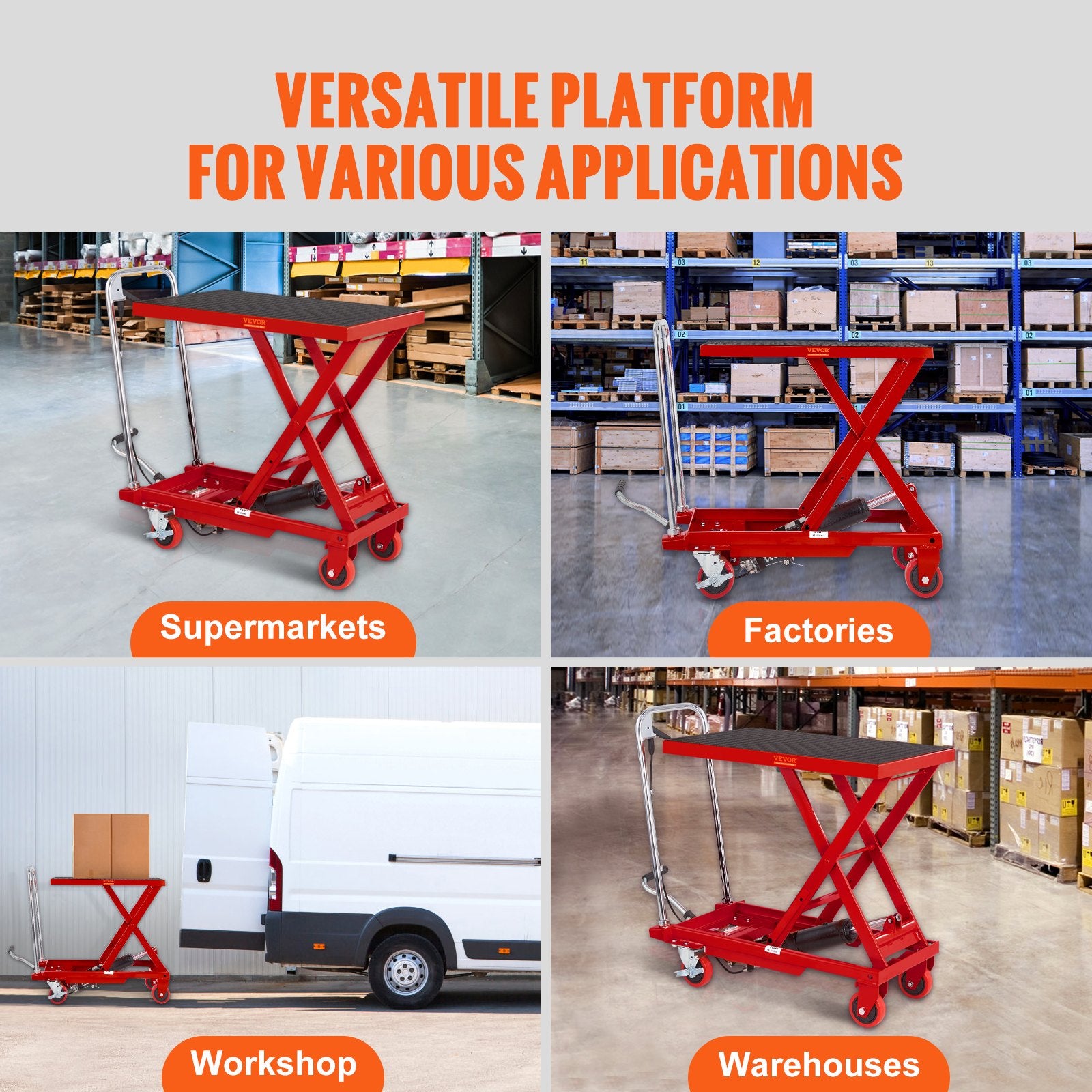VEVOR Hydraulic Lift Table Cart, 330lbs Capacity 28.5" Lifting Height, Manual Single Scissor Lift Table with 4 Wheels and Non-slip Pad, Hydraulic Scissor Cart for Material Handling, Red
