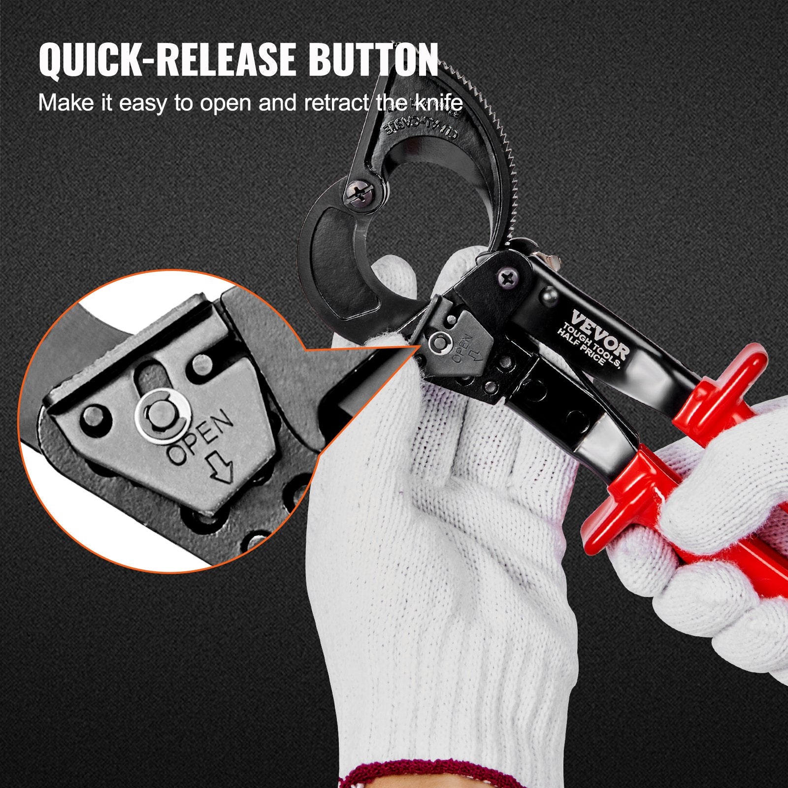 VEVOR Ratcheting Cable Cutter, 250mm Ratchet Wire and Cable Cutter, Cut up to 240 mm², with Comfortable Grip Handles, Easy to Use Quick-Release Lever, Silicon-Manganese Spring Steel Blade