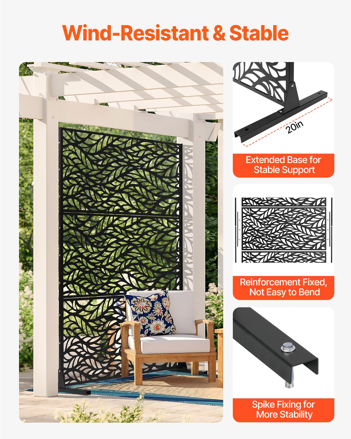 VEVOR Metal Privacy Screen, 47" W x 72" H, Outdoor Privacy Screens & Panels, Freestanding Outdoor Divider with Stand, 3-Panel Decorative Garden Steel Privacy Fence for Balcony Patio Indoor Room Black