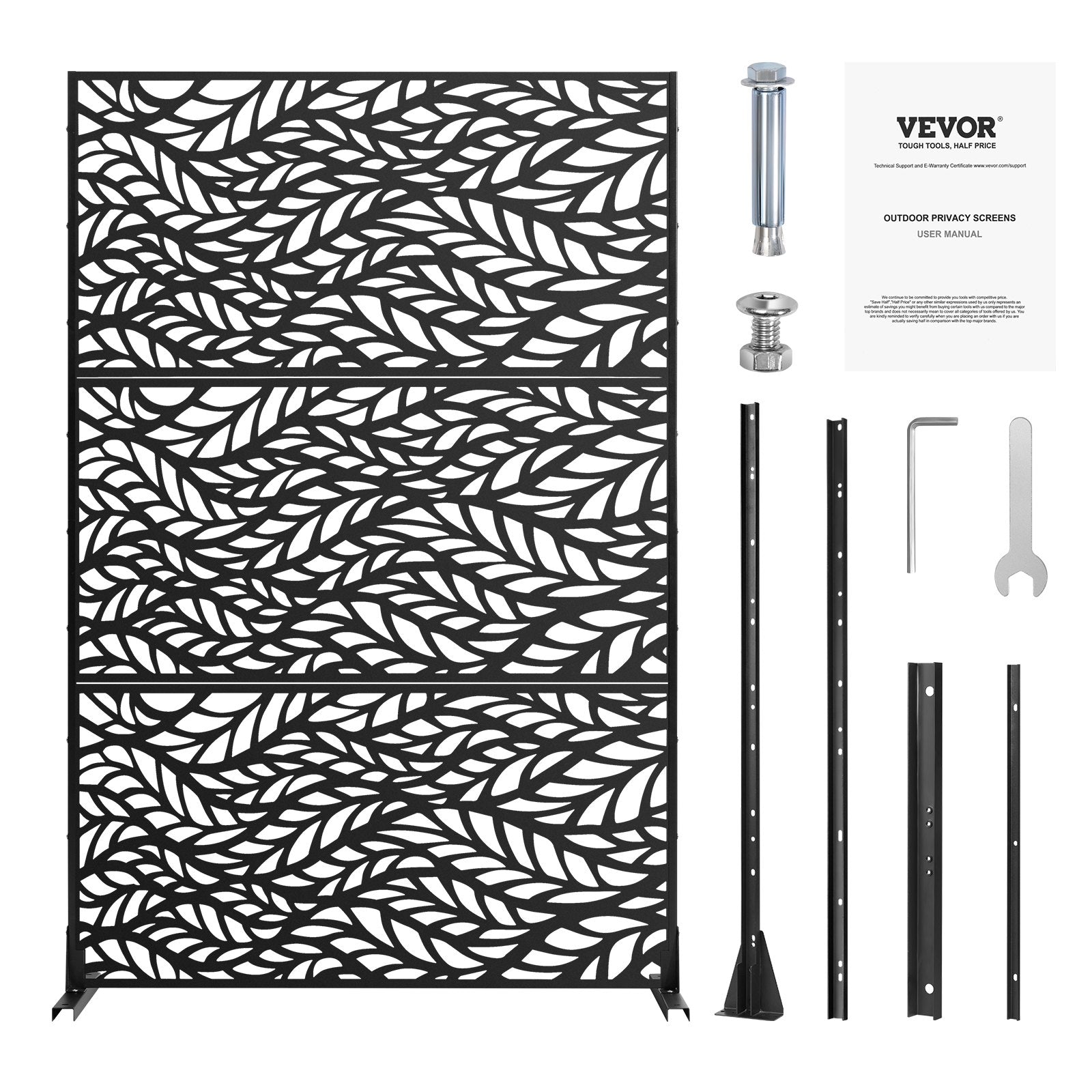 VEVOR Metal Privacy Screen, 47" W x 72" H, Outdoor Privacy Screens & Panels, Freestanding Outdoor Divider with Stand, 3-Panel Decorative Garden Steel Privacy Fence for Balcony Patio Indoor Room Black