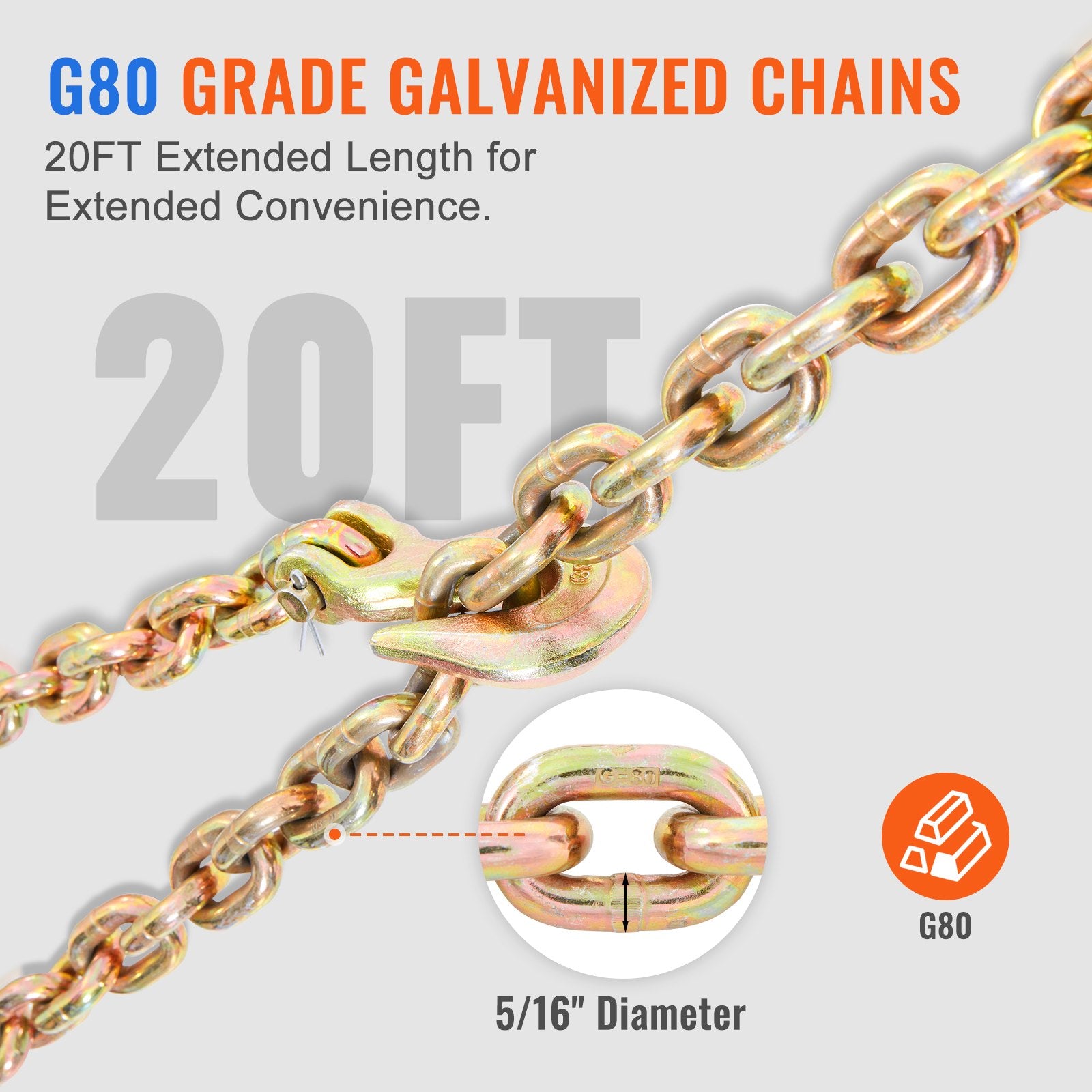 VEVOR Ratchet Chain Binder, 5/16"-3/8" Heavy Duty Load Binders with G80 Chains, 7100 lbs Secure Load Limit, Labor-saving Anti-skid Handle, Tie Down Hauling Chain Binders for Flatbed Truck Trailer, 2 P