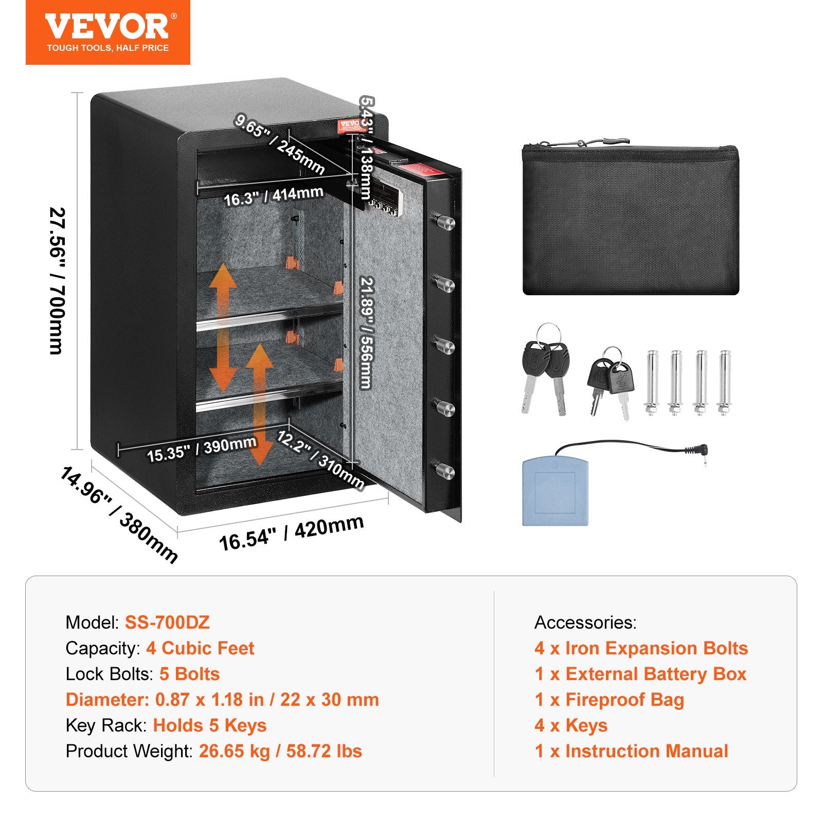 VEVOR Single Door 4.0 cu.ft Safe Box with Key Lock & Password, Safe Lock Box with Fireproof Bag, Key Rack, LED Light, 2 Shelves, and 1 Cabinet for Money, Documents, Jewelry, and Valuables, Black