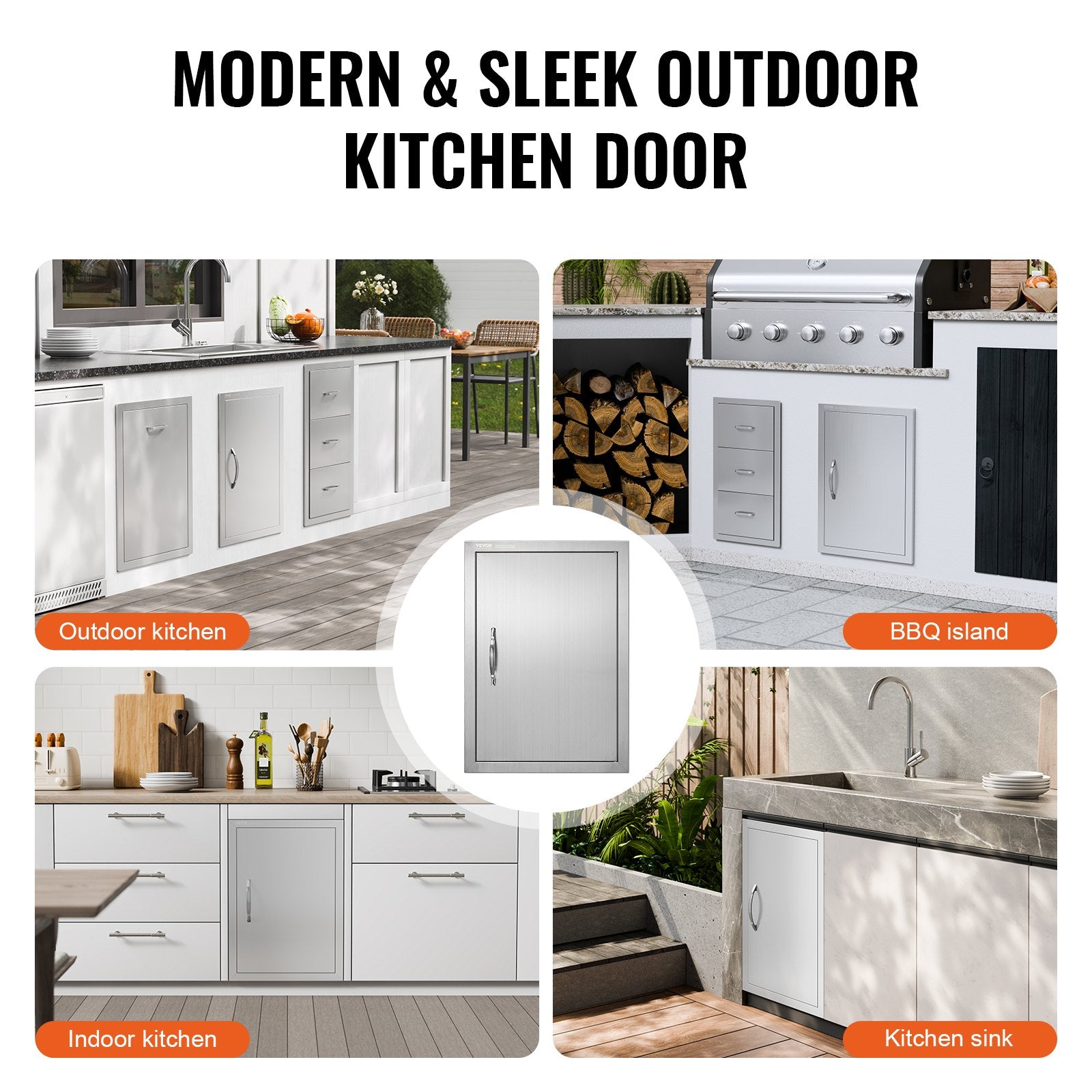 VEVOR BBQ Access Door, 432x610 mm Single Outdoor Kitchen Door, Stainless Steel Flush Mount Door, Wall Vertical Door with Handle, for BBQ Island, Grilling Station, Outside Cabinet