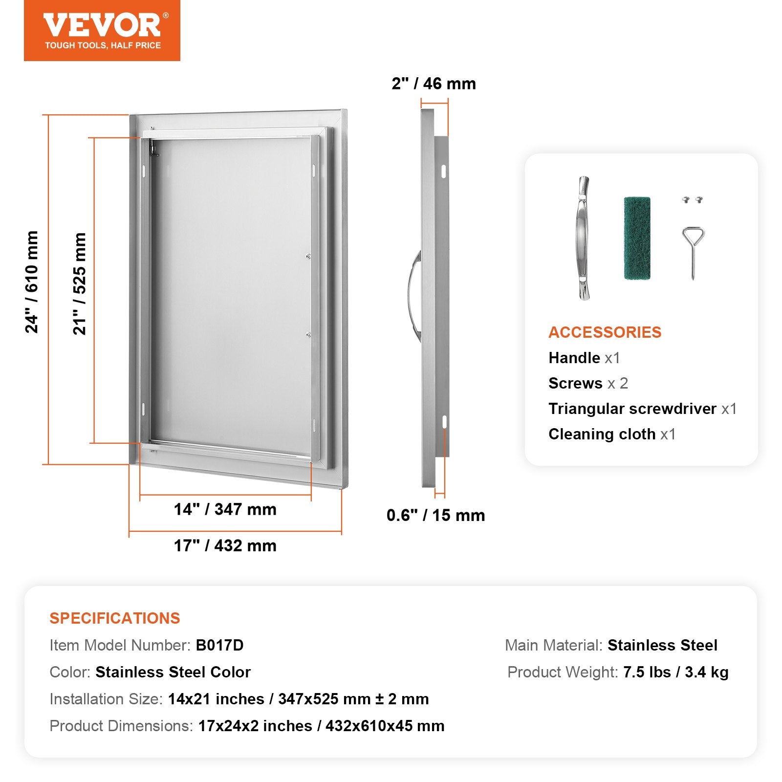 VEVOR BBQ Access Door, 432x610 mm Single Outdoor Kitchen Door, Stainless Steel Flush Mount Door, Wall Vertical Door with Handle, for BBQ Island, Grilling Station, Outside Cabinet
