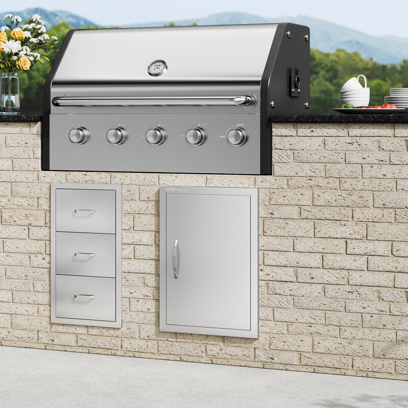 VEVOR BBQ Access Door, 432x610 mm Single Outdoor Kitchen Door, Stainless Steel Flush Mount Door, Wall Vertical Door with Handle, for BBQ Island, Grilling Station, Outside Cabinet