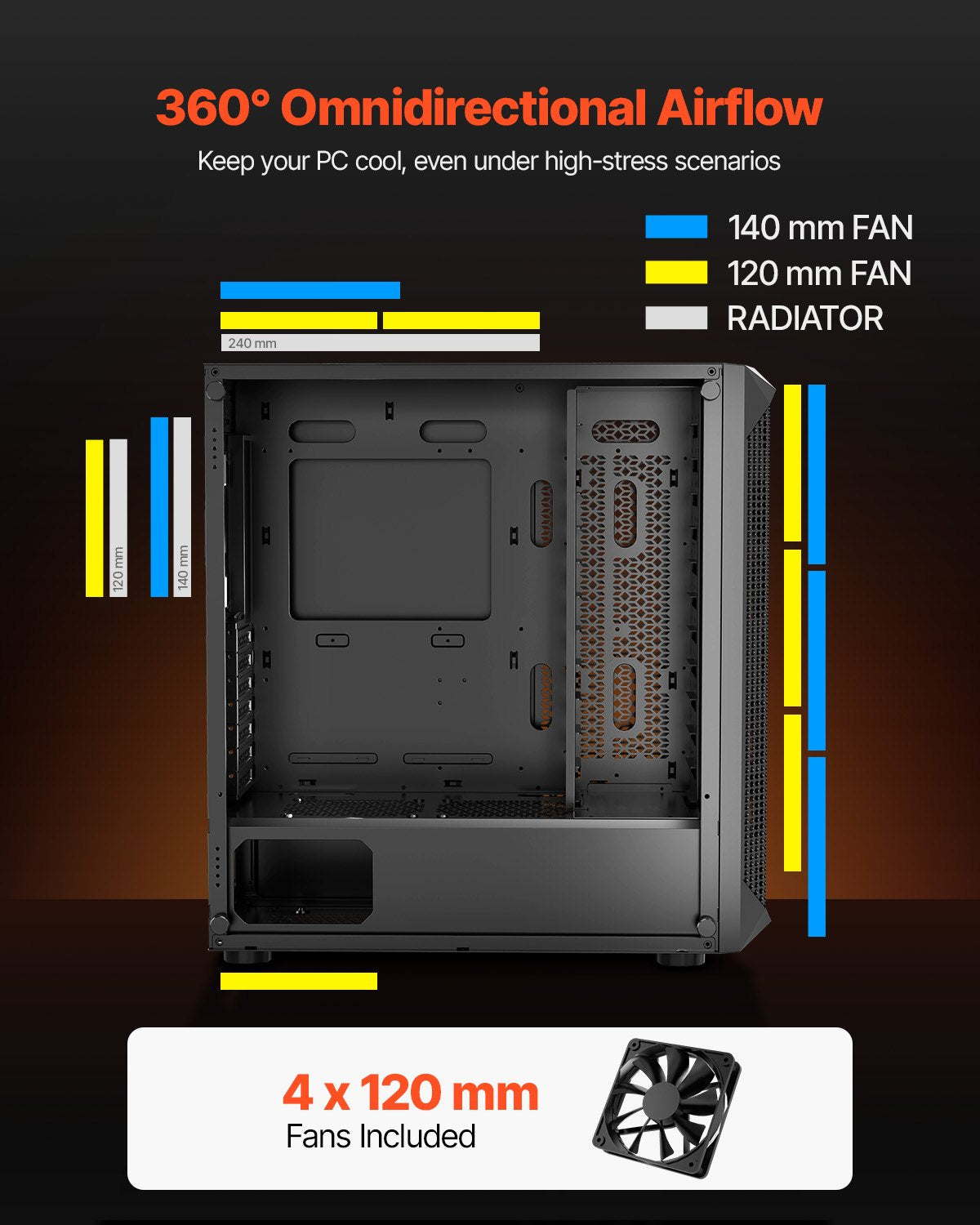 VEVOR PC Gaming Case, Mid-Tower, Computer Case with High-Airflow Tempered Glass Panel, Dust Filter, 4 x 120 mm Fans, Cable Management, for GPU up to 270 mm in Length, Compatible with ATX/M-ATX/ITX