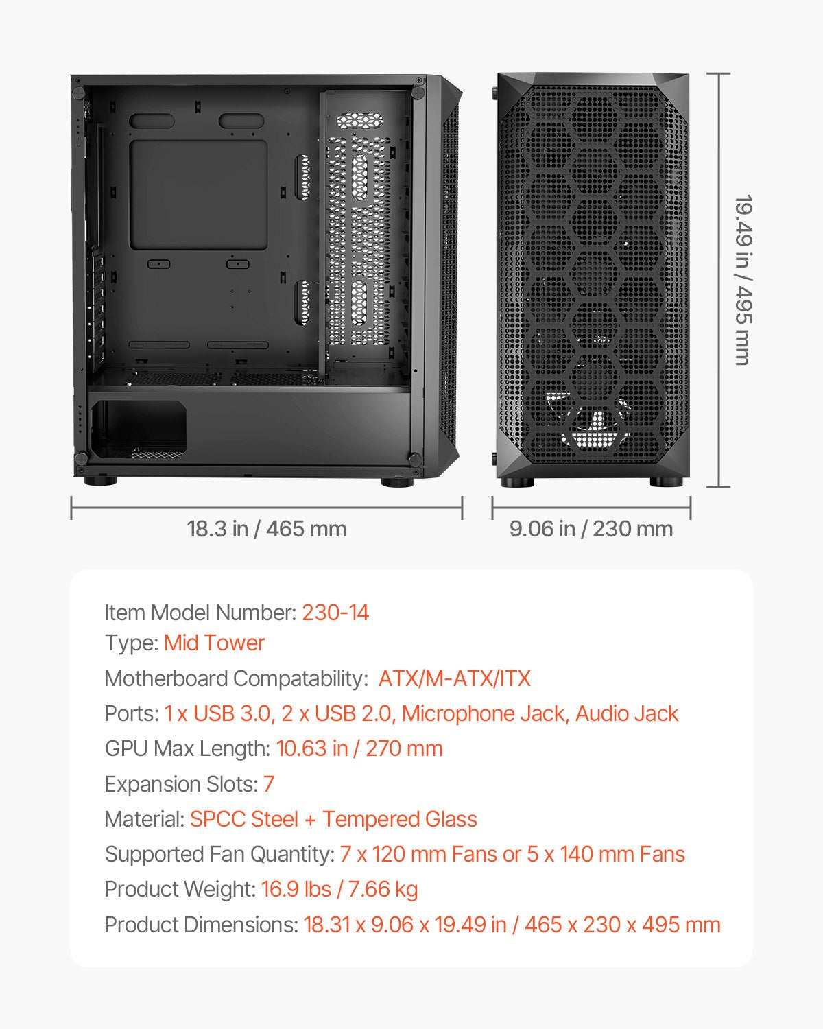 VEVOR PC Gaming Case, Mid-Tower, Computer Case with High-Airflow Tempered Glass Panel, Dust Filter, 4 x 120 mm Fans, Cable Management, for GPU up to 270 mm in Length, Compatible with ATX/M-ATX/ITX