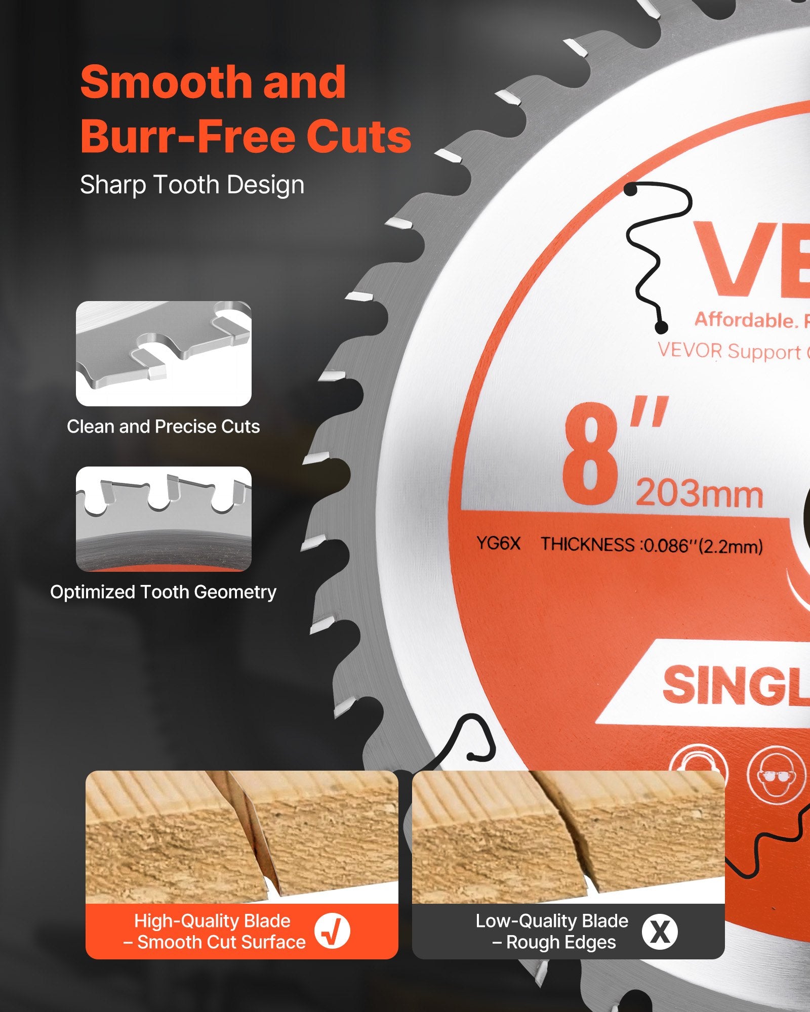 VEVOR Circular Saw Blade, 203 mm Diameter, 42 Sharp Alloy Teeth, 25.4mm Arbor, Fine Finish, Wood Cutting Blade for Circular Saw, with Noise-Reducing Heat Vents, for Cutting Plywood, OSB, and Hardwood