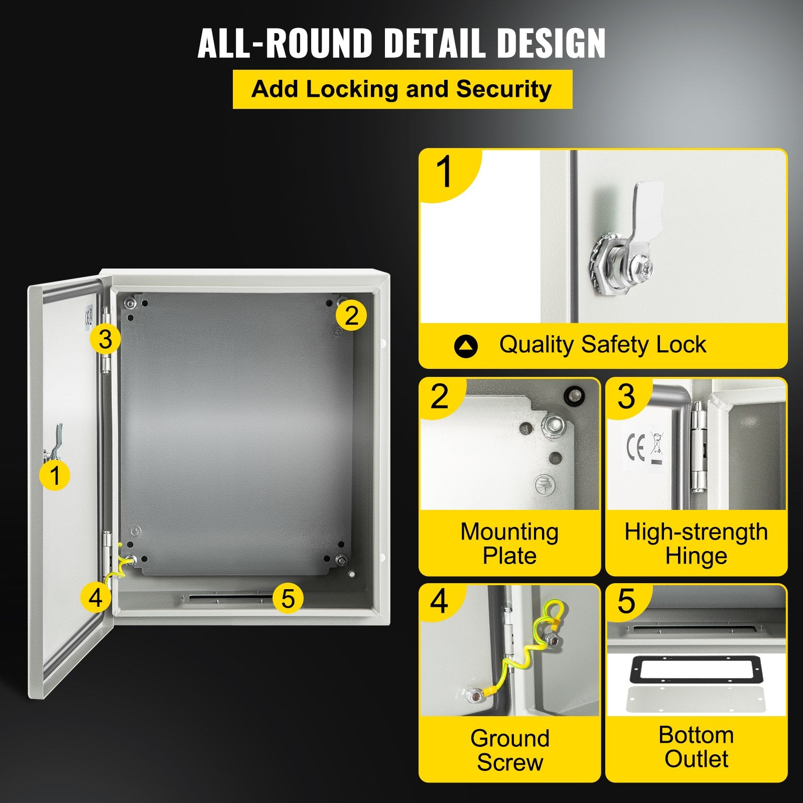 VEVOR NEMA Steel Enclosure, 25 x 20 x 15 cm NEMA 4X Steel Electrical Box, IP66 Waterproof & Dustproof, Outdoor/Indoor Electrical Junction Box, with Mounting Plate