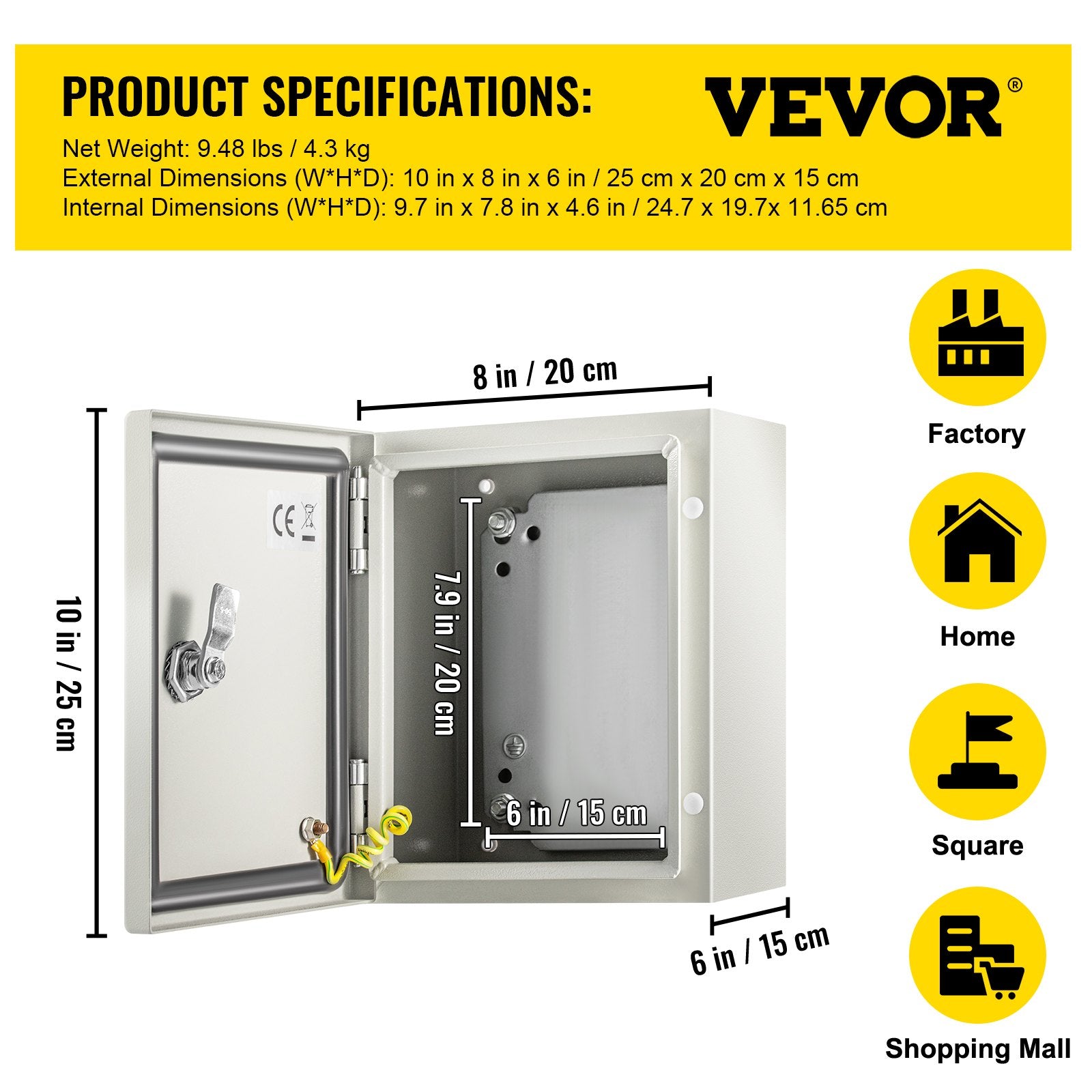 VEVOR NEMA Steel Enclosure, 25 x 20 x 15 cm NEMA 4X Steel Electrical Box, IP66 Waterproof & Dustproof, Outdoor/Indoor Electrical Junction Box, with Mounting Plate