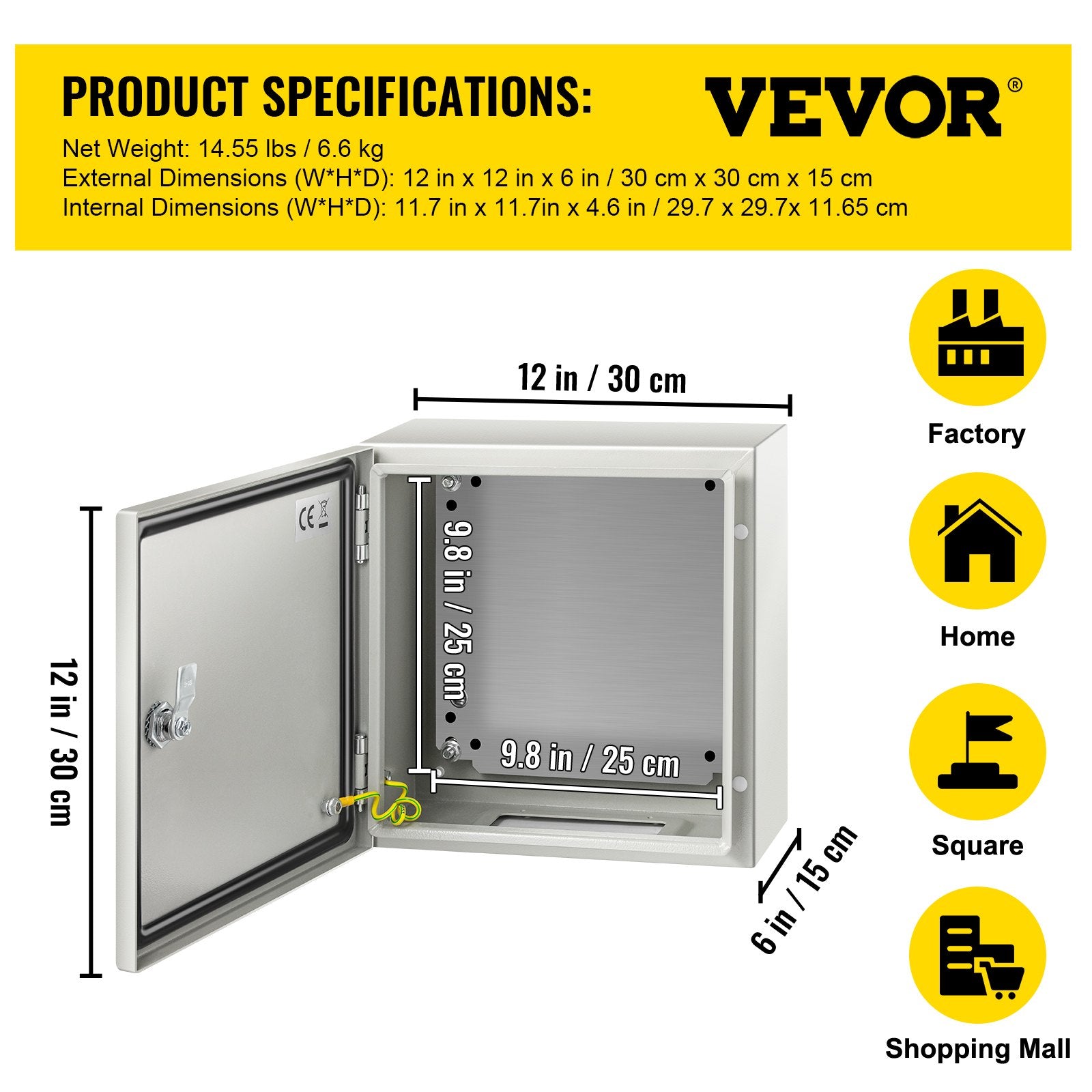 VEVOR NEMA Steel Enclosure, 12 x 12 x 6''steel electrical box electrical enclosur NEMA 4X Steel Electrical Box, IP66 Waterproof & Dustproof, Outdoor/Indoor Electrical Junction Box, with Mounting Plat