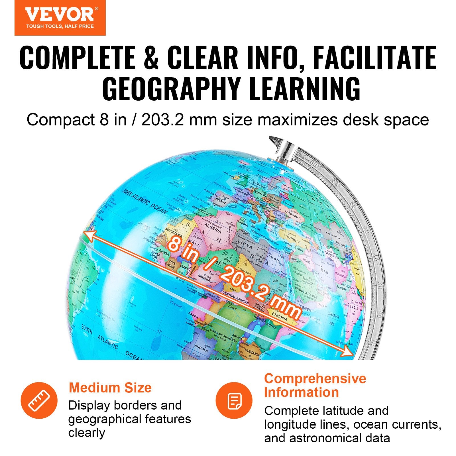 VEVOR Rotating World Globe with Stand, 203.2 mm, Educational Geographic Globe with Precise Time Zone ABS Material, 360° Spinning Globe for Kids Children Learning Classroom Geography Education