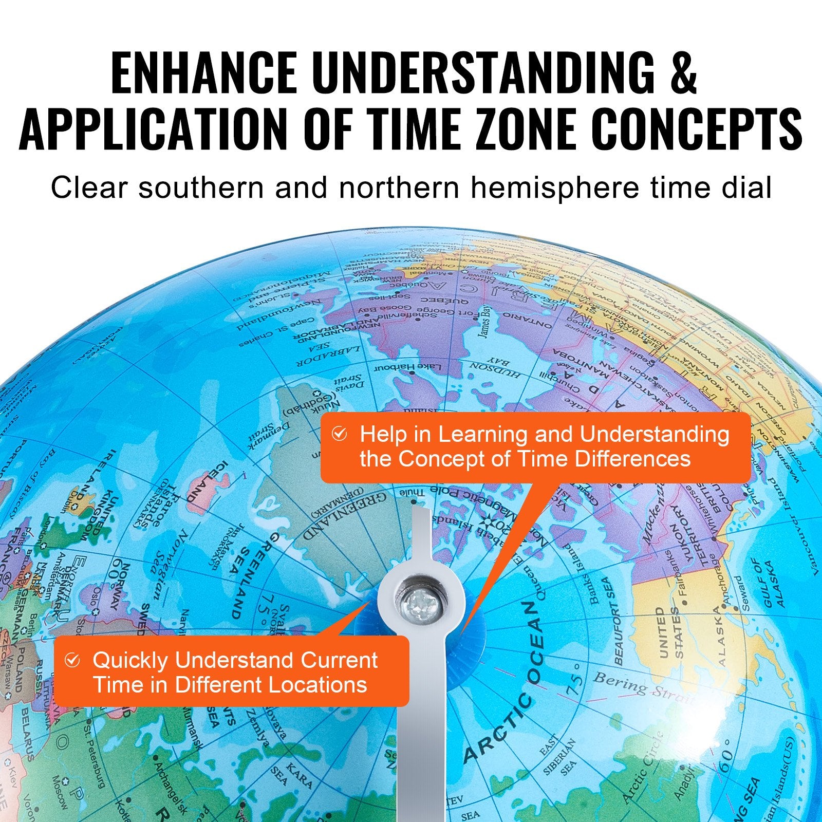 VEVOR Rotating World Globe with Stand, 203.2 mm, Educational Geographic Globe with Precise Time Zone ABS Material, 360° Spinning Globe for Kids Children Learning Classroom Geography Education