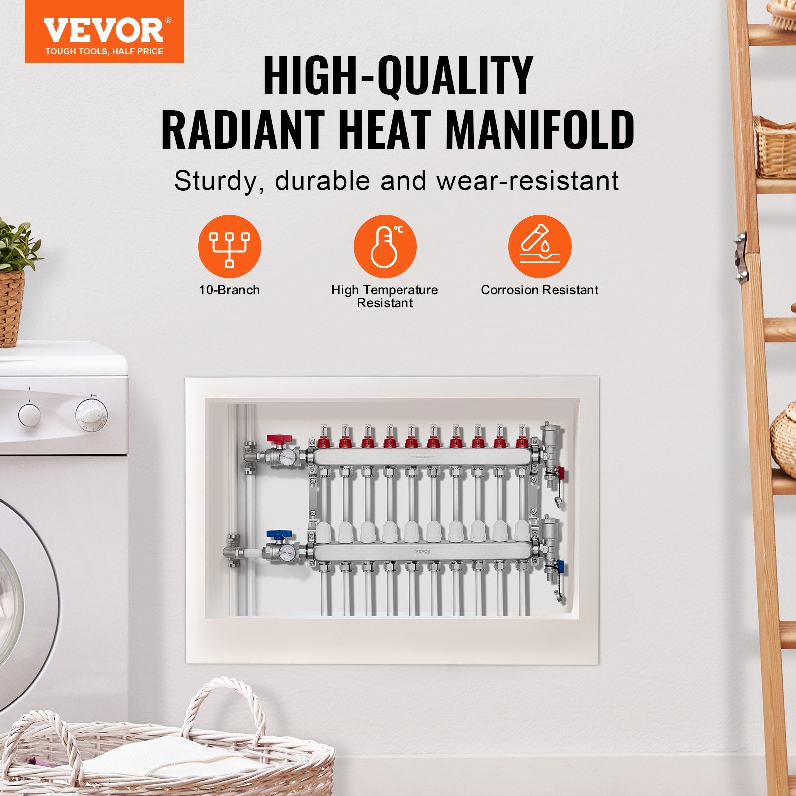 VEVOR 10-Branch Radiant Heat Manifold, 1/2" PEX Tubing Manifold, Stainless Steel PEX Manifold for Hydronic Radiant Floor Heating, Radiant Heat PEX Manifold Kit with 1/2" Adapters Included