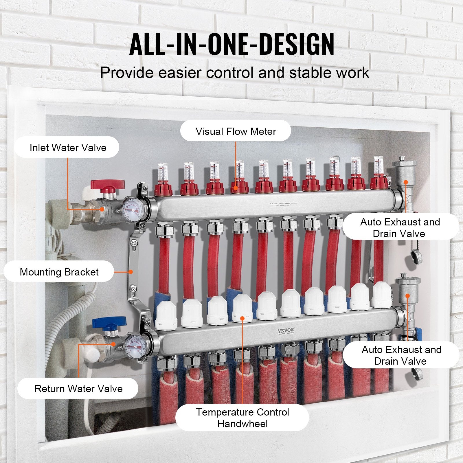 VEVOR 10-Branch Radiant Heat Manifold, 1/2" PEX Tubing Manifold, Stainless Steel PEX Manifold for Hydronic Radiant Floor Heating, Radiant Heat PEX Manifold Kit with 1/2" Adapters Included
