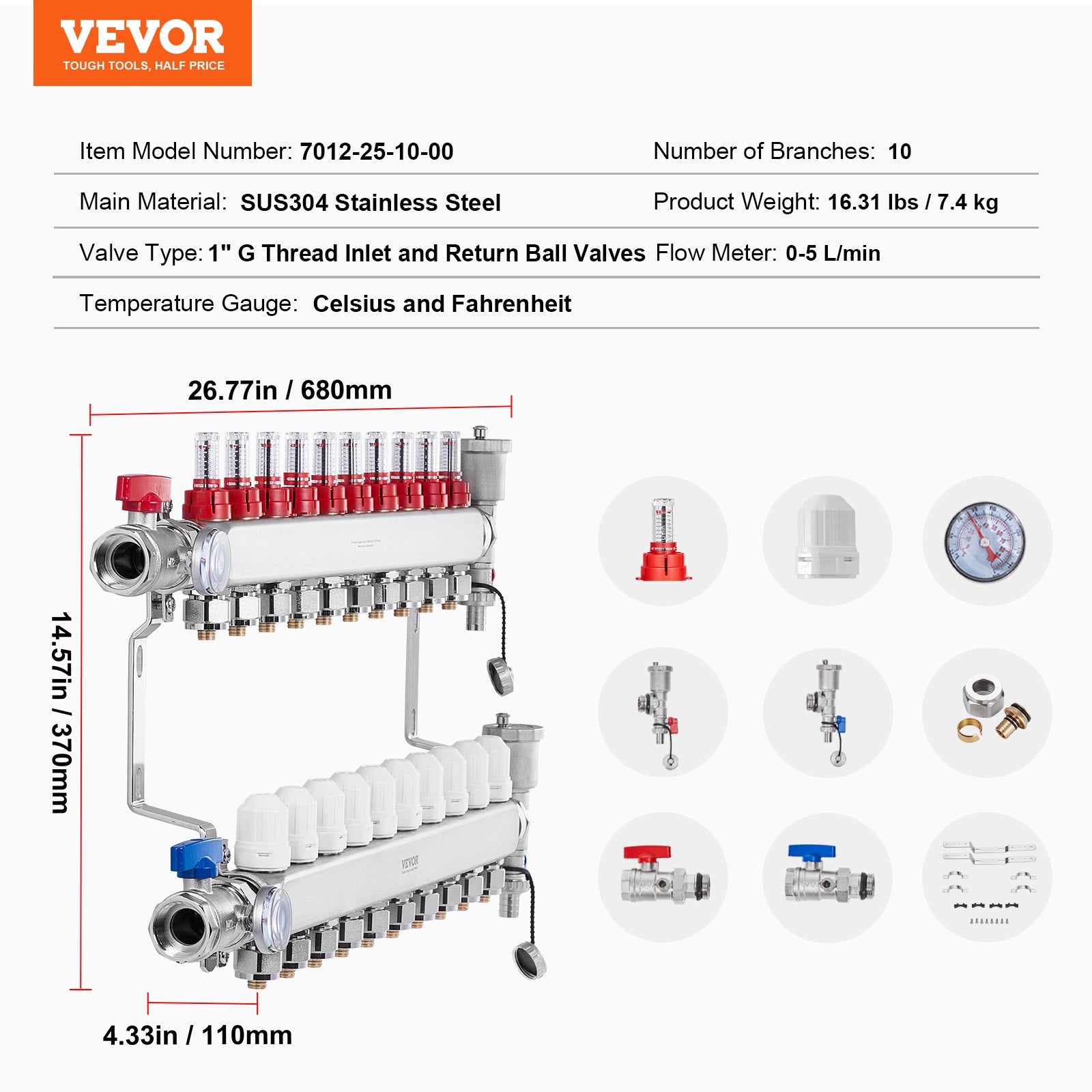 VEVOR 10-Branch Radiant Heat Manifold, 1/2" PEX Tubing Manifold, Stainless Steel PEX Manifold for Hydronic Radiant Floor Heating, Radiant Heat PEX Manifold Kit with 1/2" Adapters Included