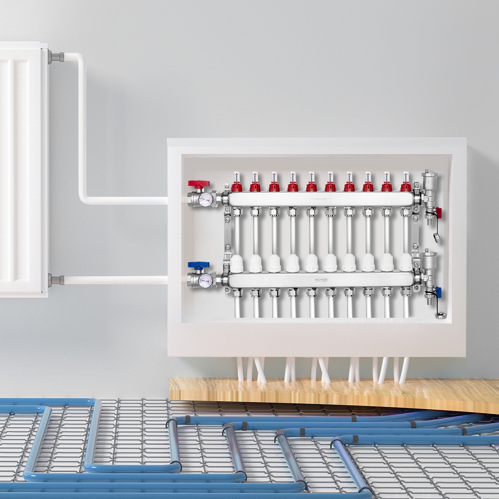 VEVOR 10-Branch Radiant Heat Manifold, 1/2" PEX Tubing Manifold, Stainless Steel PEX Manifold for Hydronic Radiant Floor Heating, Radiant Heat PEX Manifold Kit with 1/2" Adapters Included