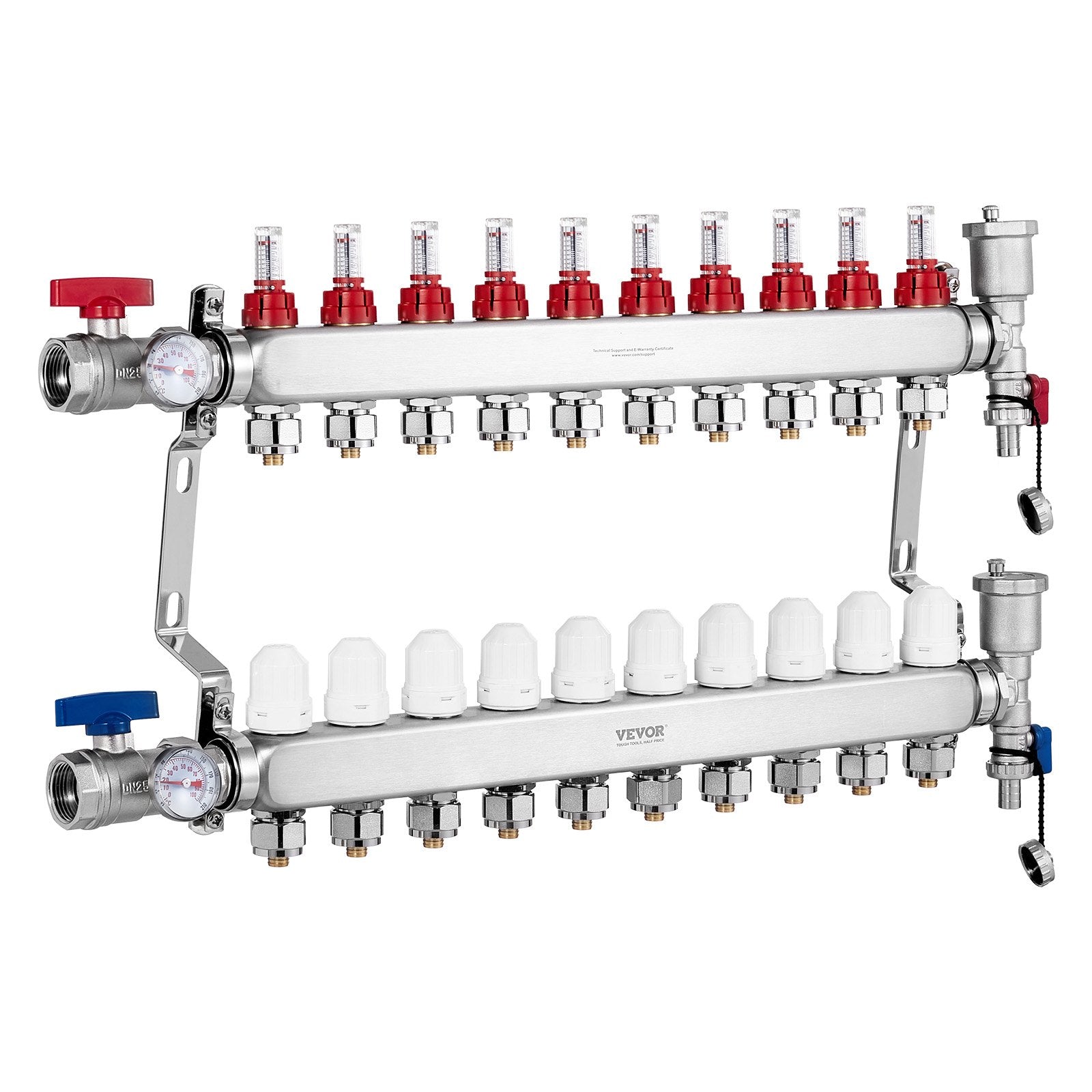 VEVOR 10-Branch Radiant Heat Manifold, 1/2" PEX Tubing Manifold, Stainless Steel PEX Manifold for Hydronic Radiant Floor Heating, Radiant Heat PEX Manifold Kit with 1/2" Adapters Included