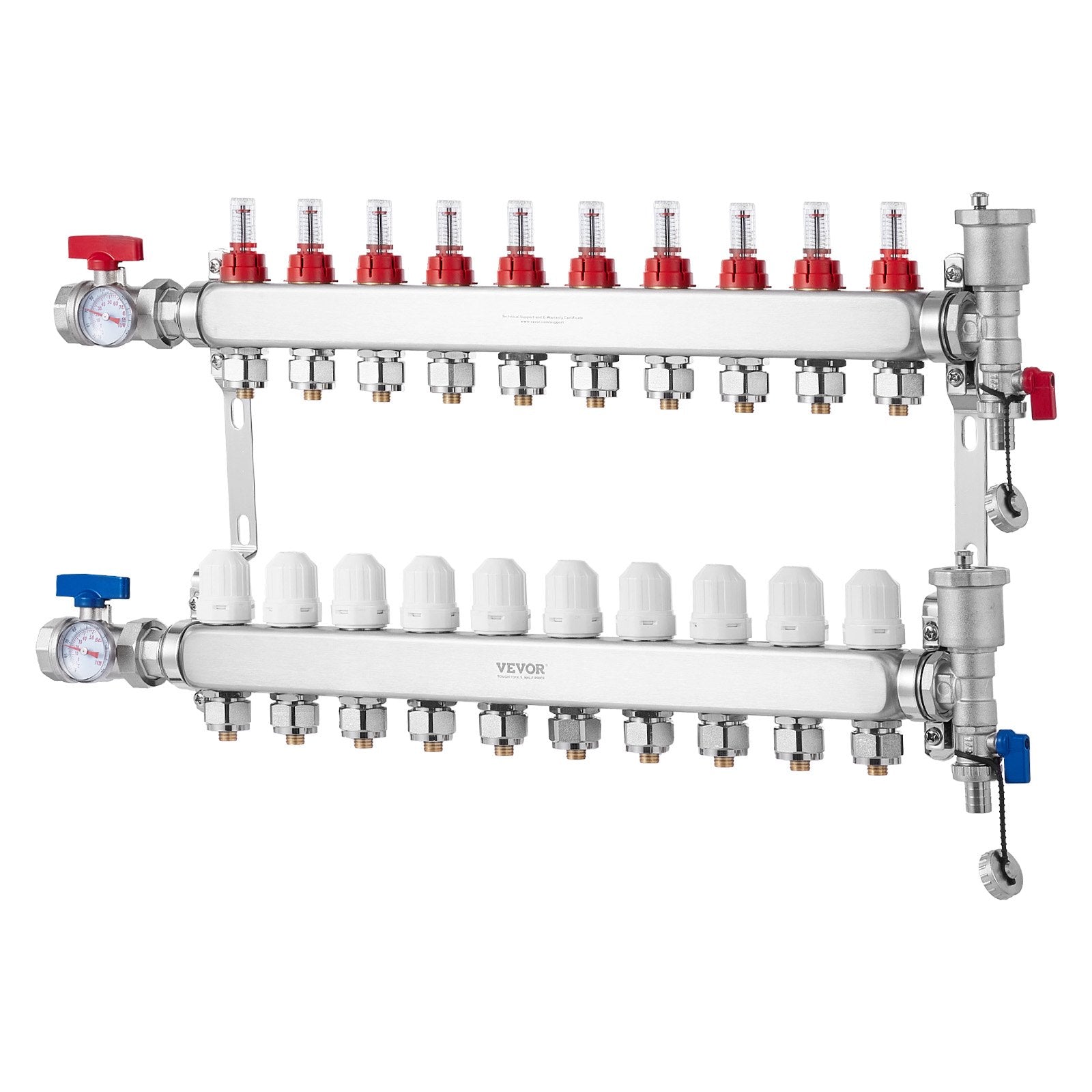 VEVOR 10-Branch Radiant Heat Manifold, 1/2" PEX Tubing Manifold, Stainless Steel PEX Manifold for Hydronic Radiant Floor Heating, Radiant Heat PEX Manifold Kit with 1/2" Adapters Included