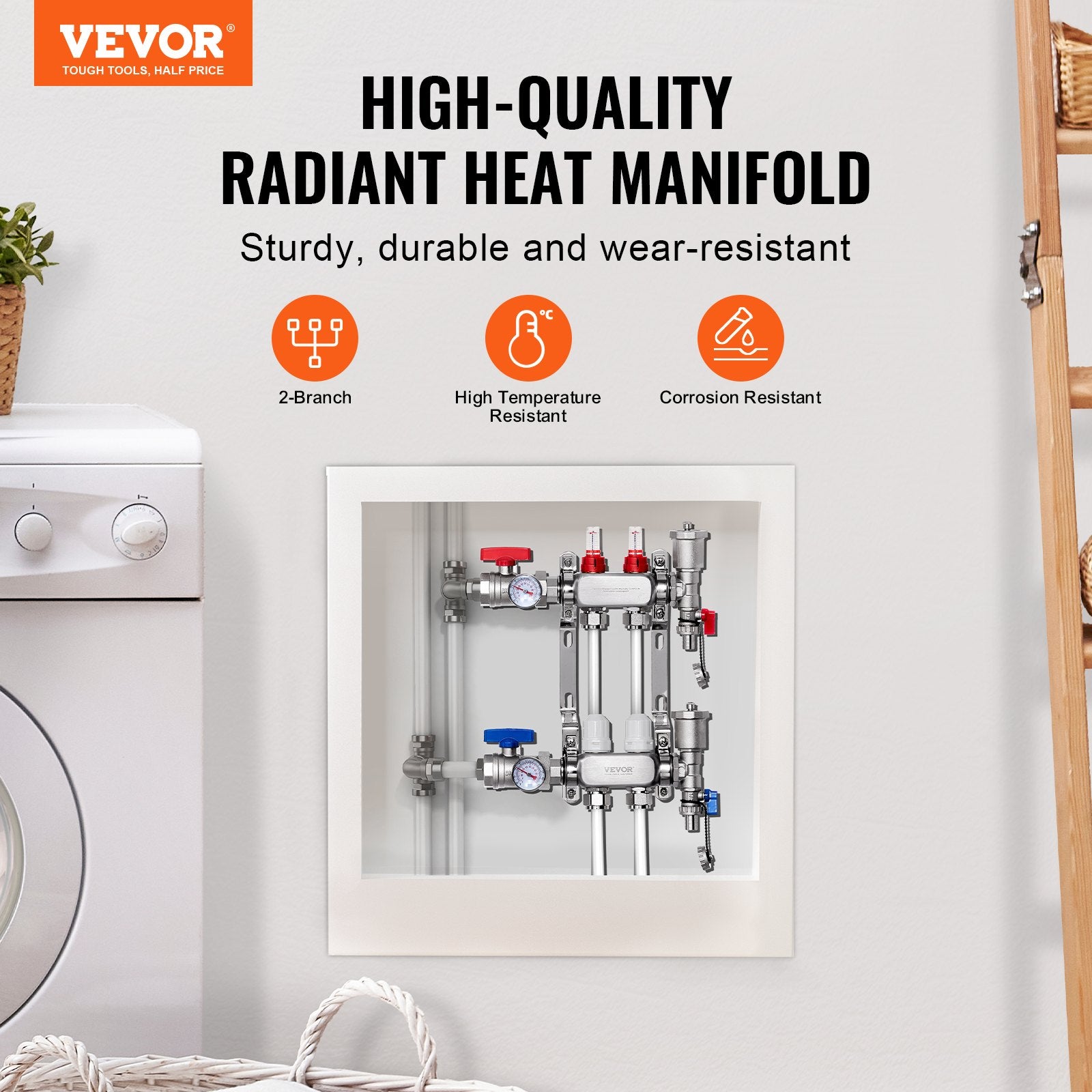 VEVOR 2-Branch Radiant Heat Manifold, 1/2" PEX Tubing Manifold, Stainless Steel PEX Manifold for Hydronic Radiant Floor Heating, Radiant Heat PEX Manifold Kit with 1/2" Adapters Included