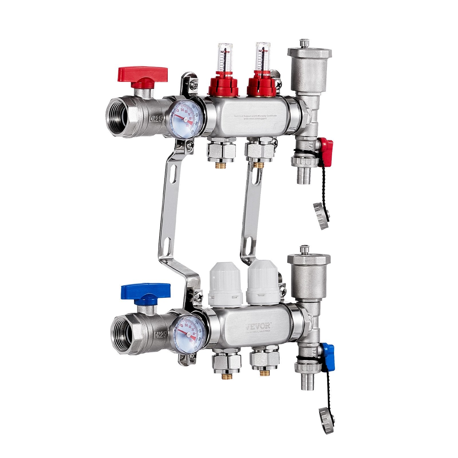 VEVOR 2-Branch Radiant Heat Manifold, 1/2" PEX Tubing Manifold, Stainless Steel PEX Manifold for Hydronic Radiant Floor Heating, Radiant Heat PEX Manifold Kit with 1/2" Adapters Included