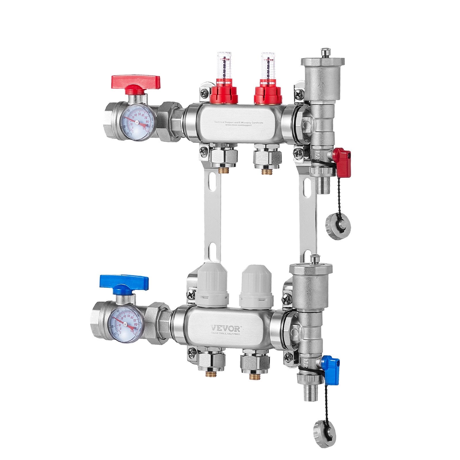 VEVOR 2-Branch Radiant Heat Manifold, 1/2" PEX Tubing Manifold, Stainless Steel PEX Manifold for Hydronic Radiant Floor Heating, Radiant Heat PEX Manifold Kit with 1/2" Adapters Included