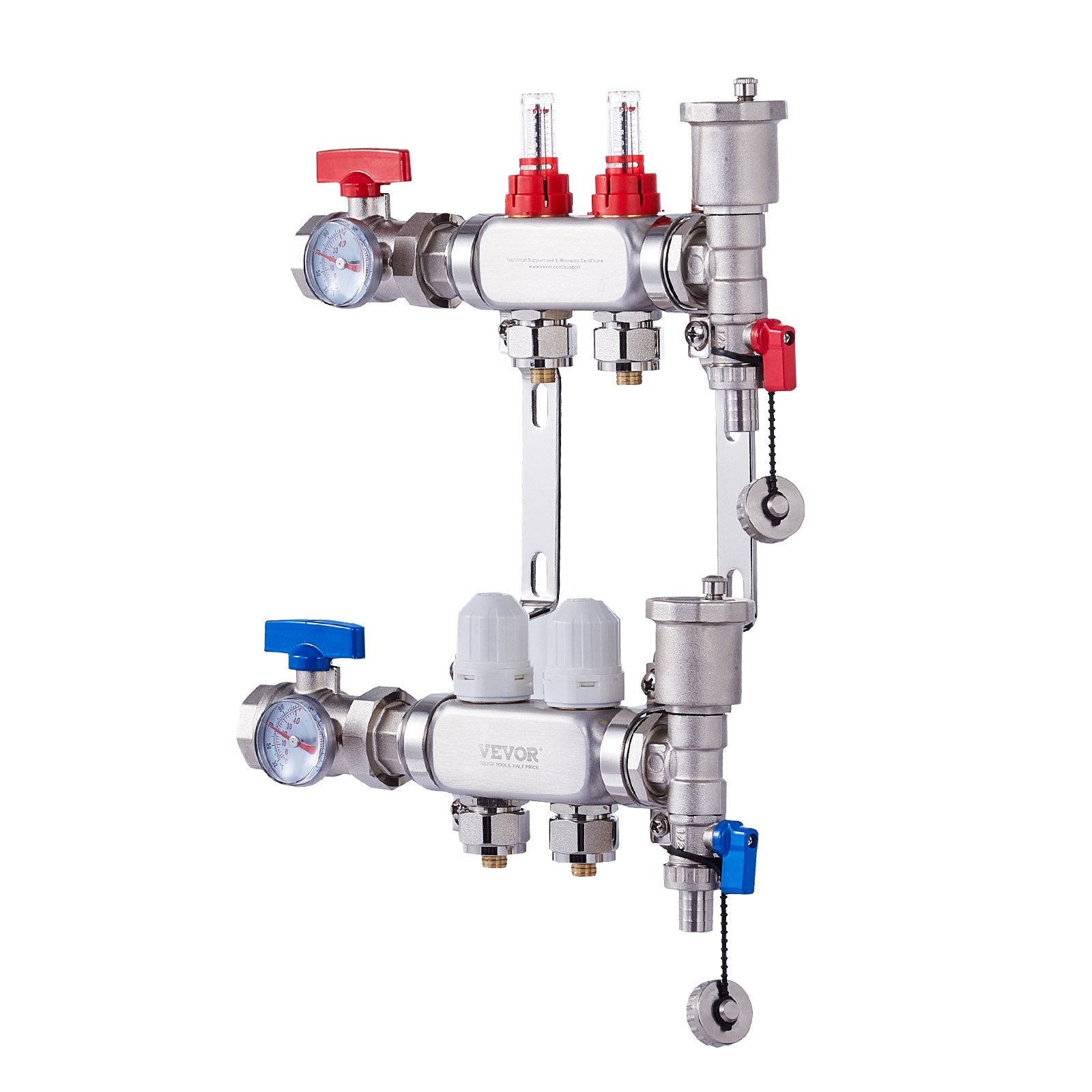 VEVOR 2-Branch Radiant Heat Manifold, 1/2" PEX Tubing Manifold, Stainless Steel PEX Manifold for Hydronic Radiant Floor Heating, Radiant Heat PEX Manifold Kit with 1/2" Adapters Included