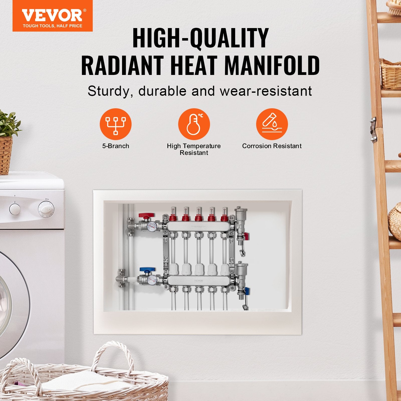 VEVOR 5-Branch Radiant Heat Manifold, 1/2" PEX Tubing Manifold, Stainless Steel PEX Manifold for Hydronic Radiant Floor Heating, Radiant Heat PEX Manifold Kit with 1/2" Adapters Included