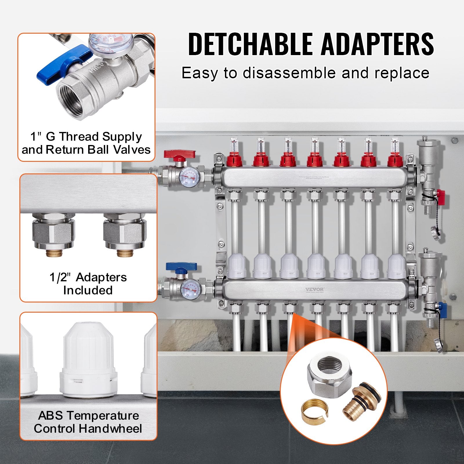 VEVOR 7-Branch Radiant Heat Manifold, 1/2" PEX Tubing Manifold, Stainless Steel PEX Manifold for Hydronic Radiant Floor Heating, Radiant Heat PEX Manifold Kit with 1/2" Adapters Included