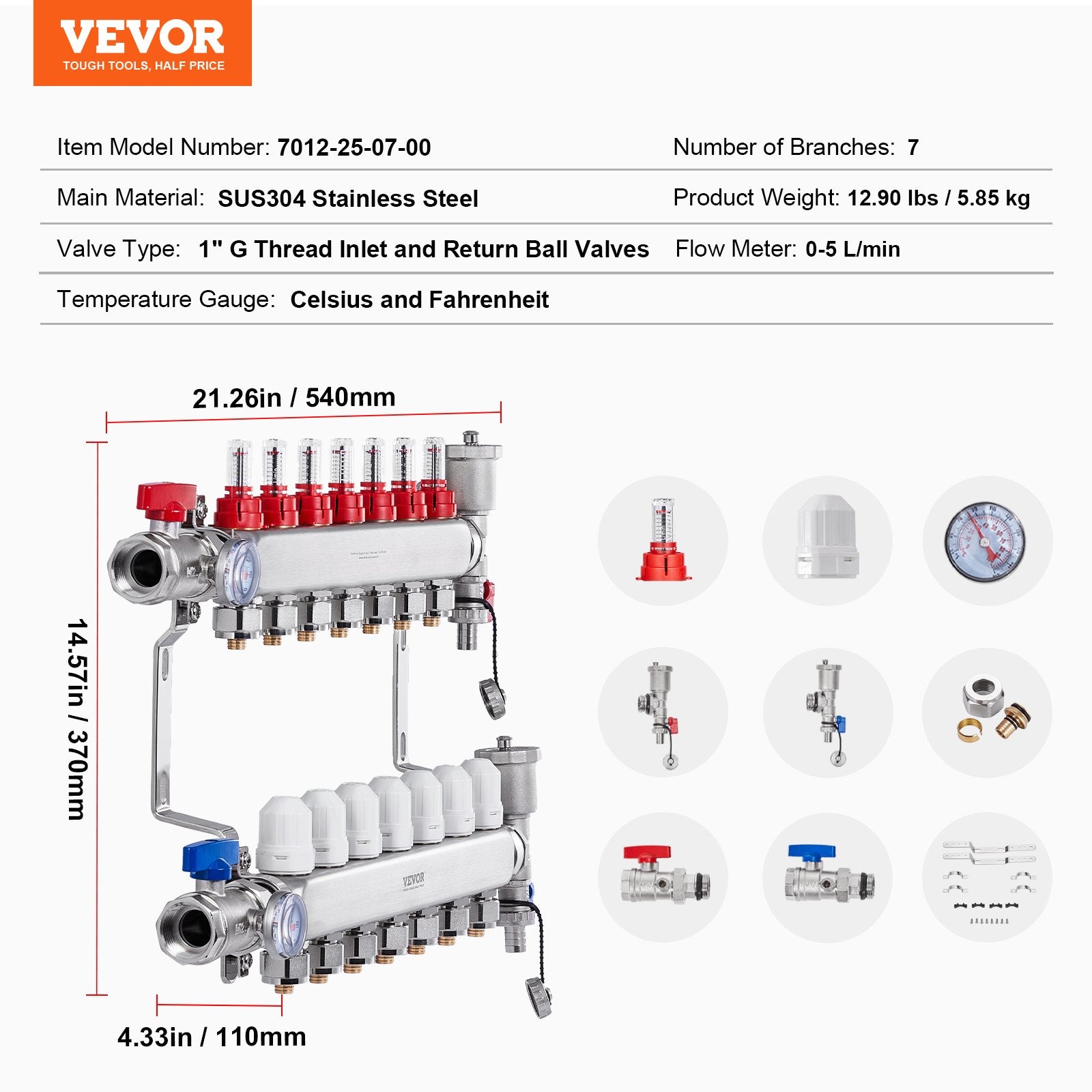 VEVOR 7-Branch Radiant Heat Manifold, 1/2" PEX Tubing Manifold, Stainless Steel PEX Manifold for Hydronic Radiant Floor Heating, Radiant Heat PEX Manifold Kit with 1/2" Adapters Included