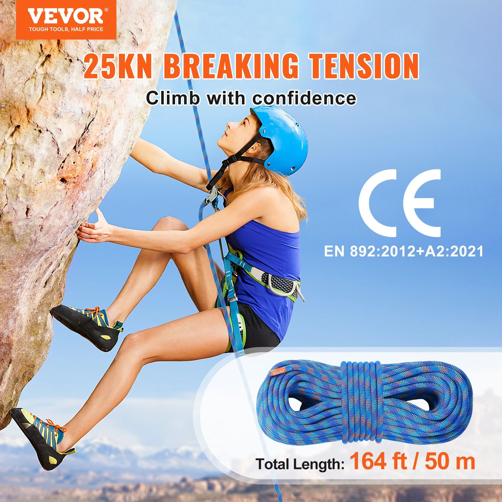 VEVOR 10.2mm Dynamic Climbing Rope, 50M 164ft Outdoor Rock Climbing Rope 25KN Breaking Tension, Stretchable Fiber Rope with Steel Snap Hooks for Escape, Rappelling, Fire Rescue, Blue