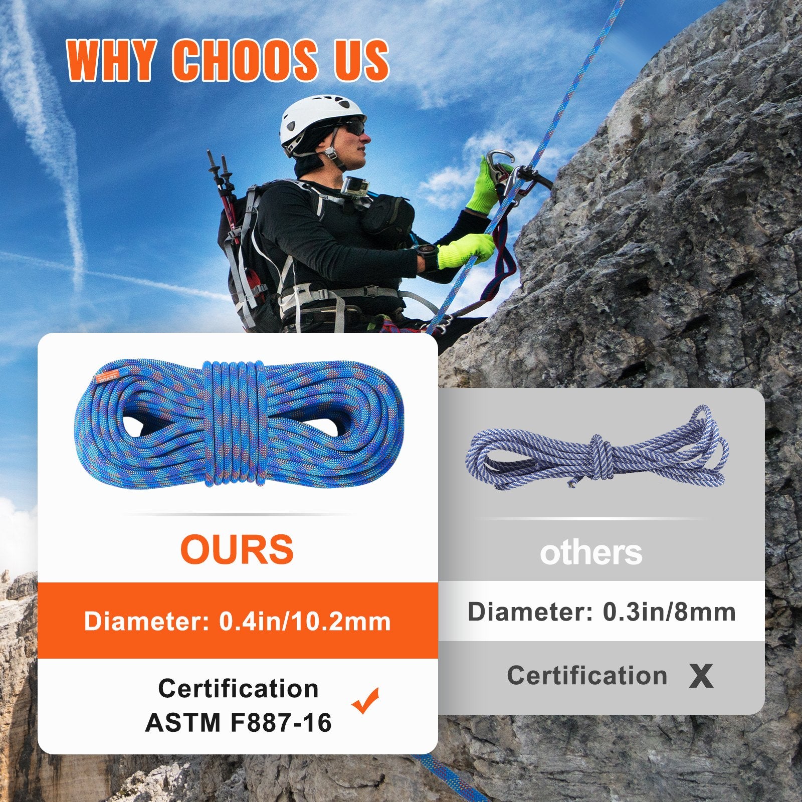 VEVOR 10.2mm Dynamic Climbing Rope, 50M 164ft Outdoor Rock Climbing Rope 25KN Breaking Tension, Stretchable Fiber Rope with Steel Snap Hooks for Escape, Rappelling, Fire Rescue, Blue