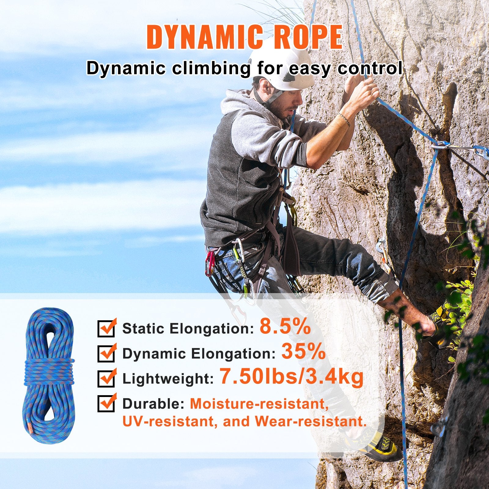 VEVOR 10.2mm Dynamic Climbing Rope, 50M 164ft Outdoor Rock Climbing Rope 25KN Breaking Tension, Stretchable Fiber Rope with Steel Snap Hooks for Escape, Rappelling, Fire Rescue, Blue
