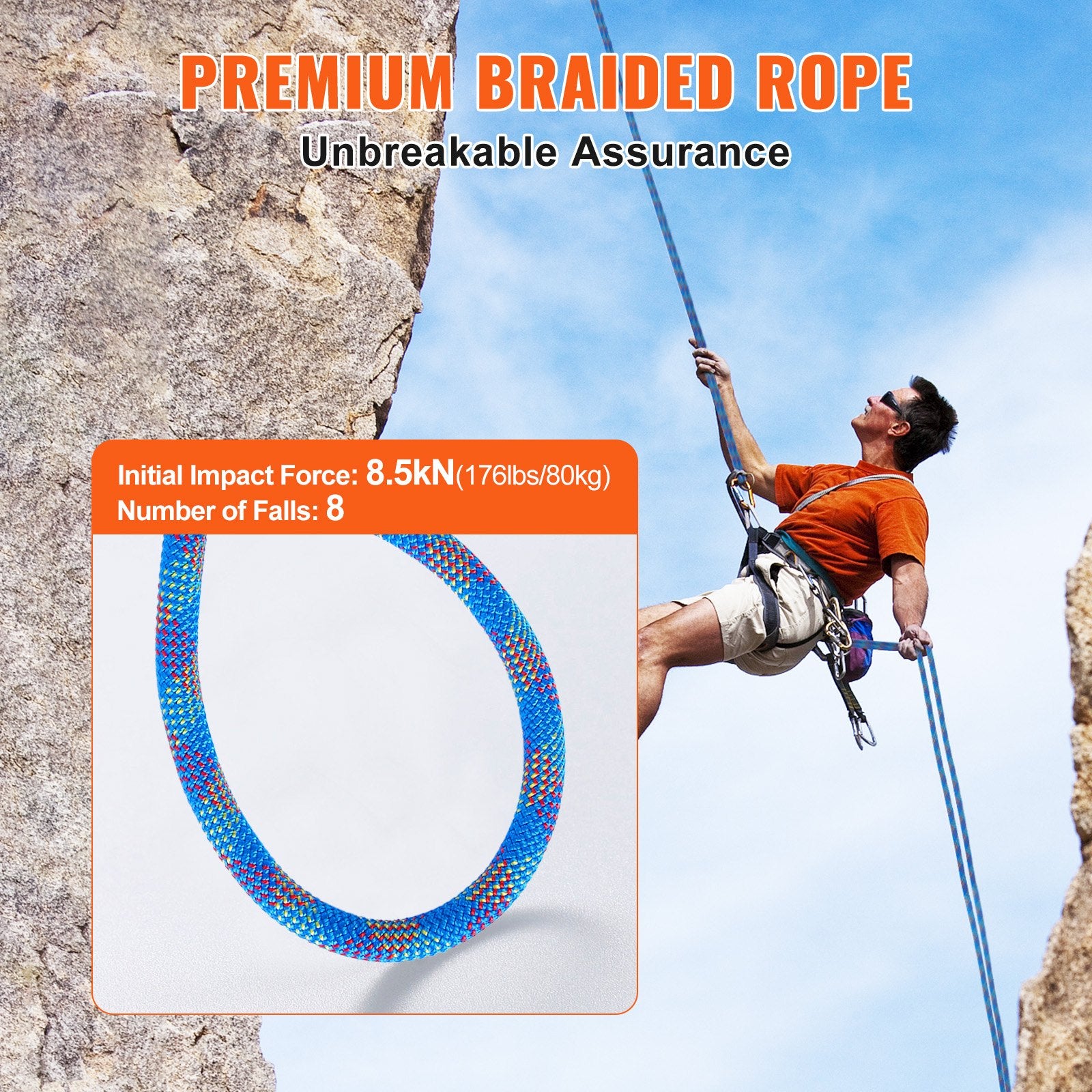 VEVOR 10.2mm Dynamic Climbing Rope, 70M 230ft Outdoor Rock Climbing Rope 25KN Breaking Tension, Stretchable Fiber Rope with Steel Snap Hooks for Escape, Rappelling, Fire Rescue, Blue