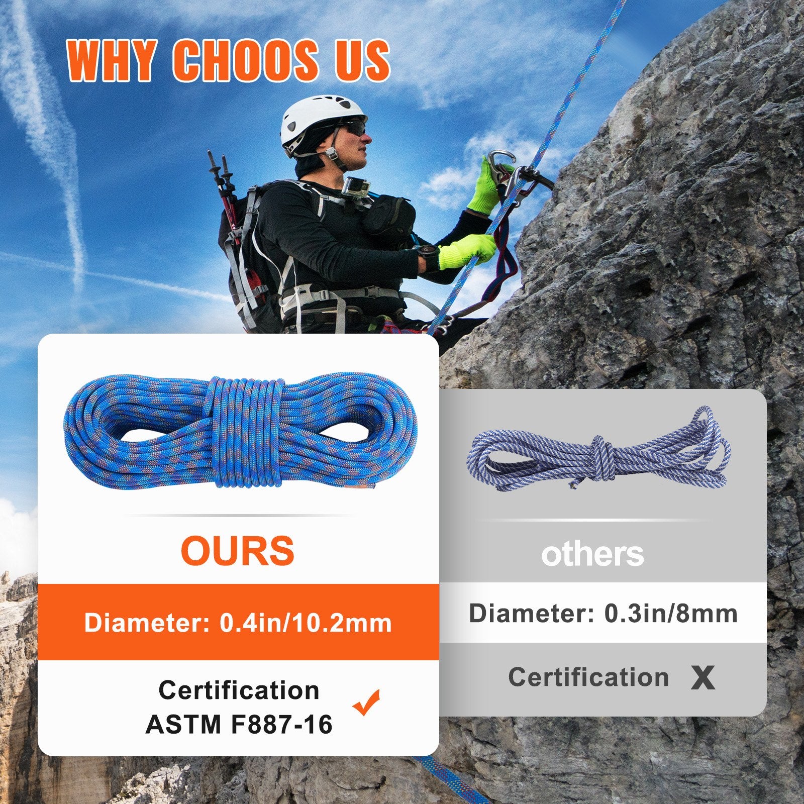 VEVOR 10.2mm Dynamic Climbing Rope, 70M 230ft Outdoor Rock Climbing Rope 25KN Breaking Tension, Stretchable Fiber Rope with Steel Snap Hooks for Escape, Rappelling, Fire Rescue, Blue