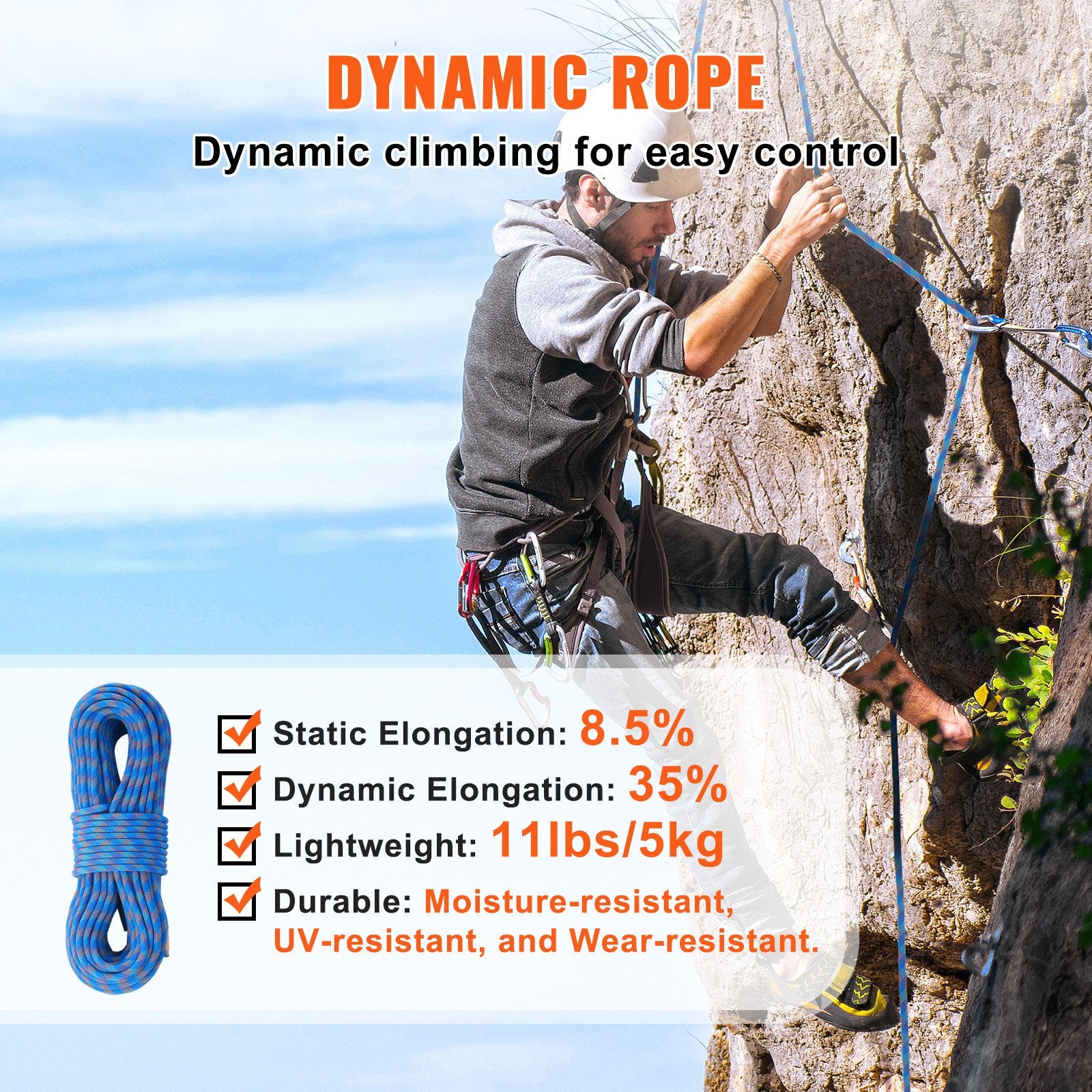 VEVOR 10.2mm Dynamic Climbing Rope, 70M 230ft Outdoor Rock Climbing Rope 25KN Breaking Tension, Stretchable Fiber Rope with Steel Snap Hooks for Escape, Rappelling, Fire Rescue, Blue
