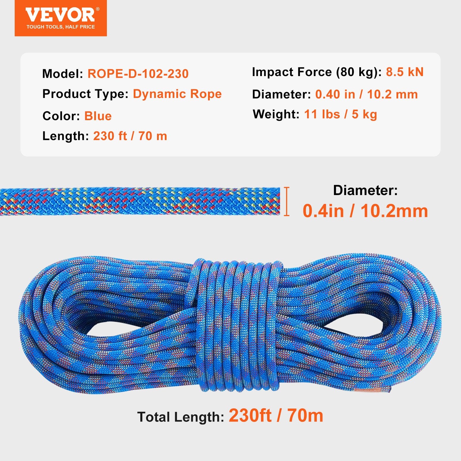 VEVOR 10.2mm Dynamic Climbing Rope, 70M 230ft Outdoor Rock Climbing Rope 25KN Breaking Tension, Stretchable Fiber Rope with Steel Snap Hooks for Escape, Rappelling, Fire Rescue, Blue