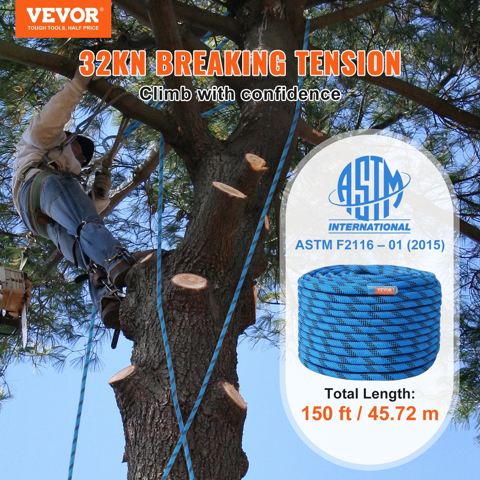VEVOR 12.7mm Static Climbing Rope, 45.7M 150ft Outdoor Rock Climbing Rope 30KN Breaking Tension, Fiber Rope with Steel Snap Hooks for Escape, Rappelling, Fire Rescue, Blue