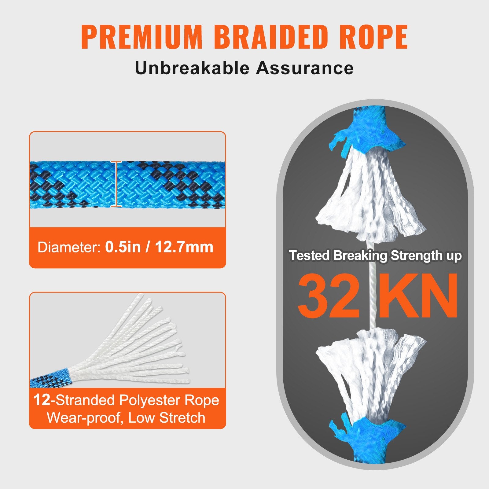 VEVOR 12.7mm Static Climbing Rope, 45.7M 150ft Outdoor Rock Climbing Rope 30KN Breaking Tension, Fiber Rope with Steel Snap Hooks for Escape, Rappelling, Fire Rescue, Blue