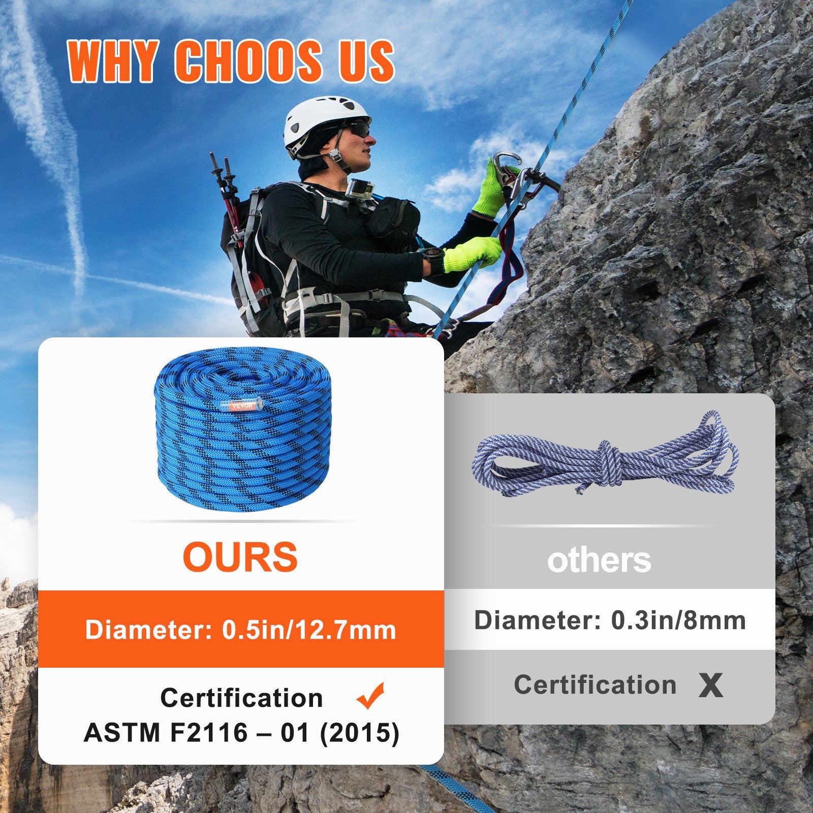 VEVOR 12.7mm Static Climbing Rope, 45.7M 150ft Outdoor Rock Climbing Rope 30KN Breaking Tension, Fiber Rope with Steel Snap Hooks for Escape, Rappelling, Fire Rescue, Blue