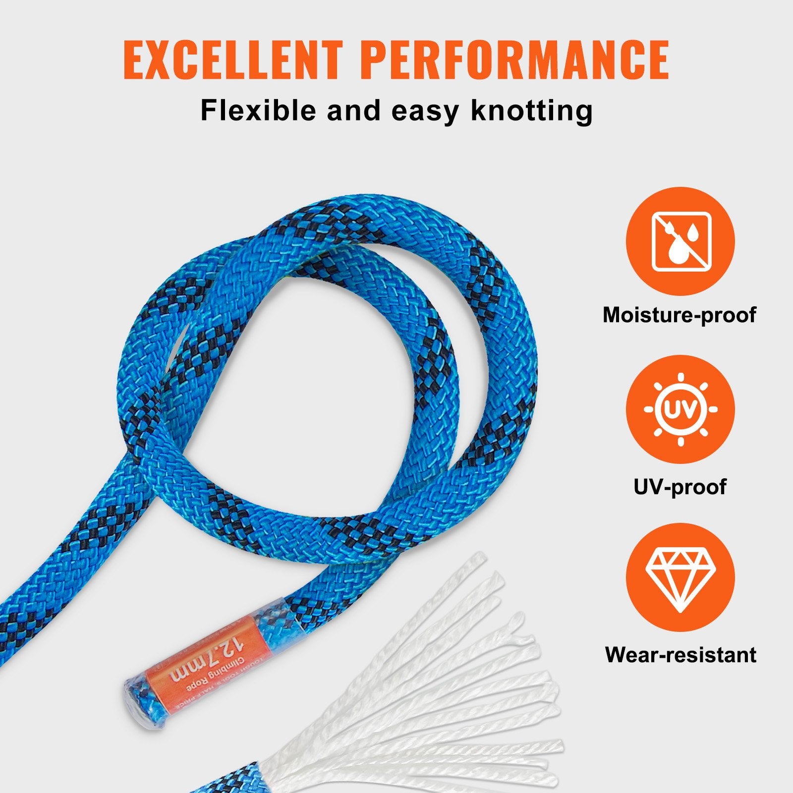 VEVOR 12.7mm Static Climbing Rope, 45.7M 150ft Outdoor Rock Climbing Rope 30KN Breaking Tension, Fiber Rope with Steel Snap Hooks for Escape, Rappelling, Fire Rescue, Blue