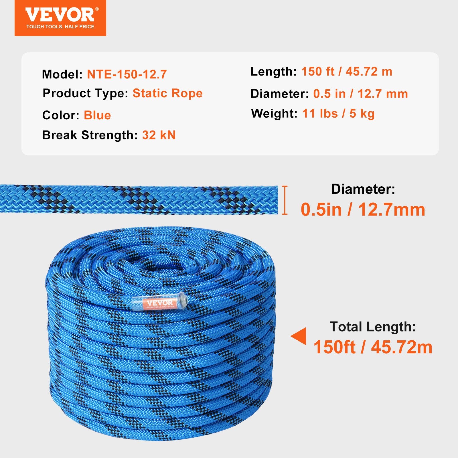 VEVOR 12.7mm Static Climbing Rope, 45.7M 150ft Outdoor Rock Climbing Rope 30KN Breaking Tension, Fiber Rope with Steel Snap Hooks for Escape, Rappelling, Fire Rescue, Blue